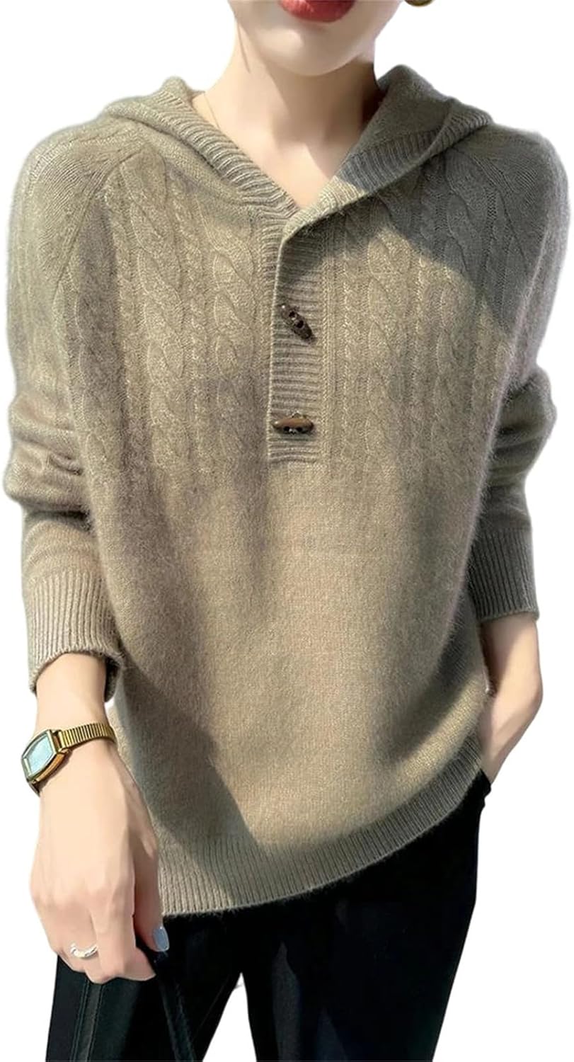 Women’s Solid Cashmere Blend Hooded Pullover Thick Twist Knit Sweater Soft Loose Long-Sleeve Warm Hoodie for Winter