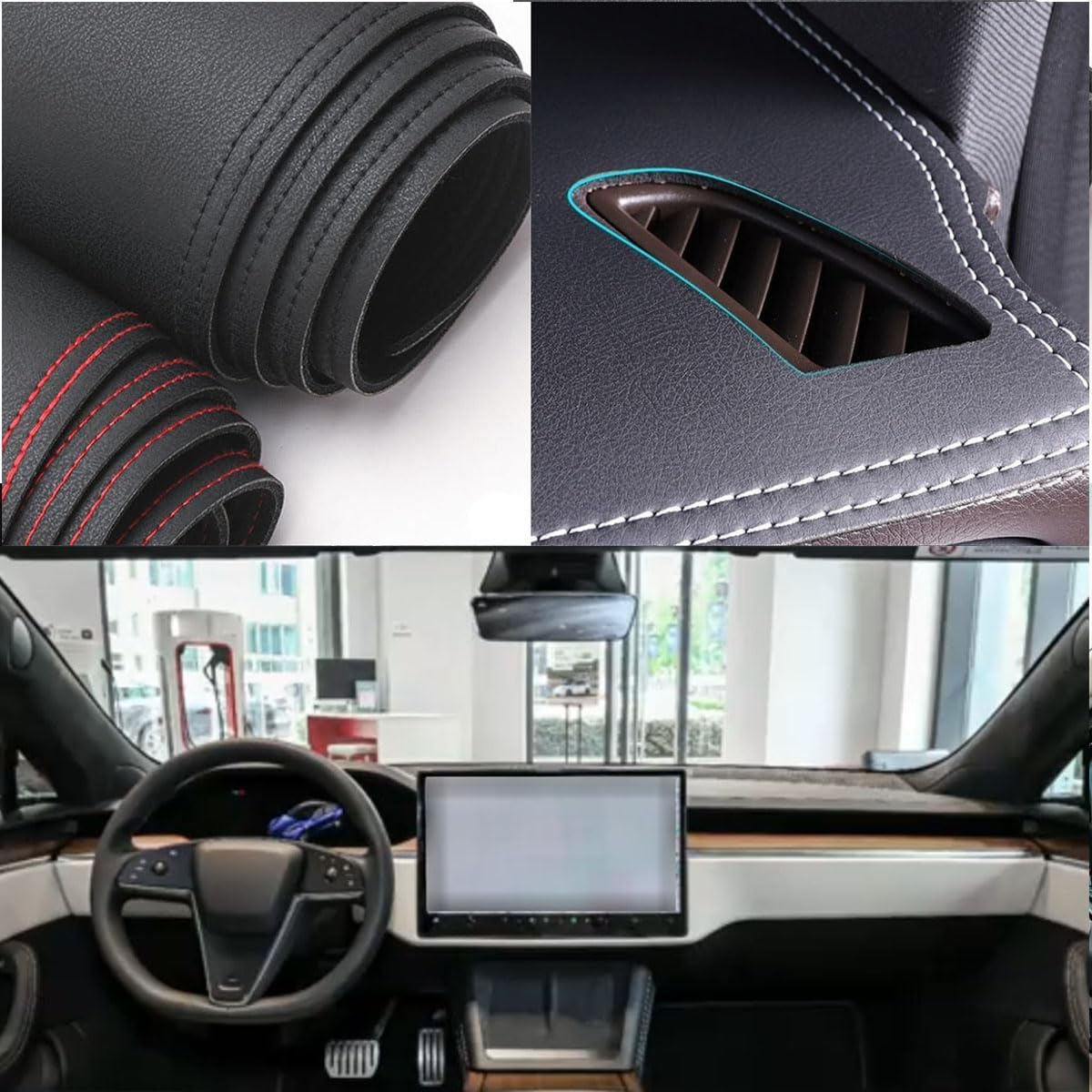 Black Leather Style Car Dash Mat Dashboard Cover Dash Panel Interior Console Pad Compatible for Tesla Model S 2023-2027