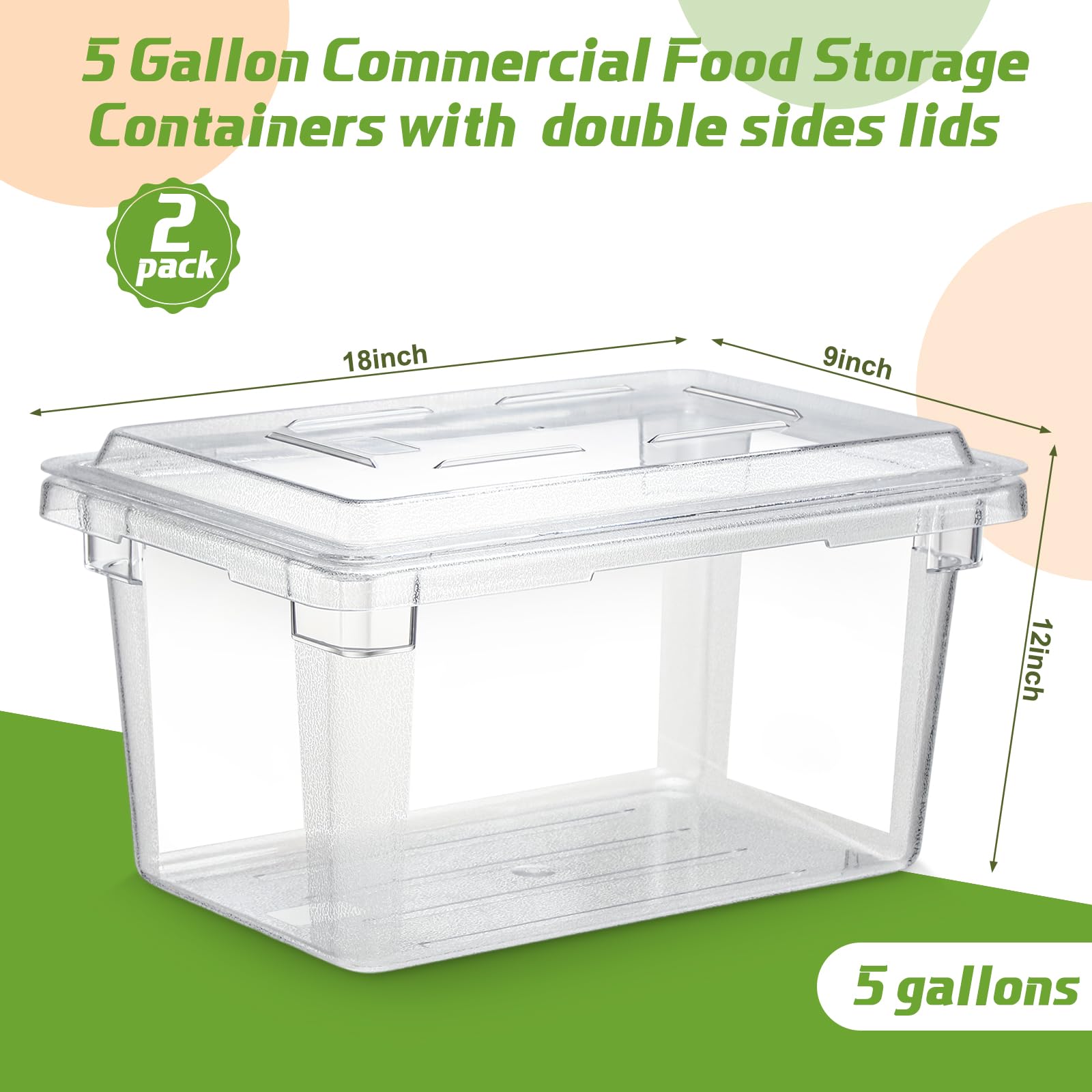 Confezione da 2 contenitori per alimenti in policarbonato da 5 galloni, 45,7 x 30,5 cm, contenitori commerciali per alimenti, per verdure, frutta, alimenti, per cucina, ristorante, caffetteria