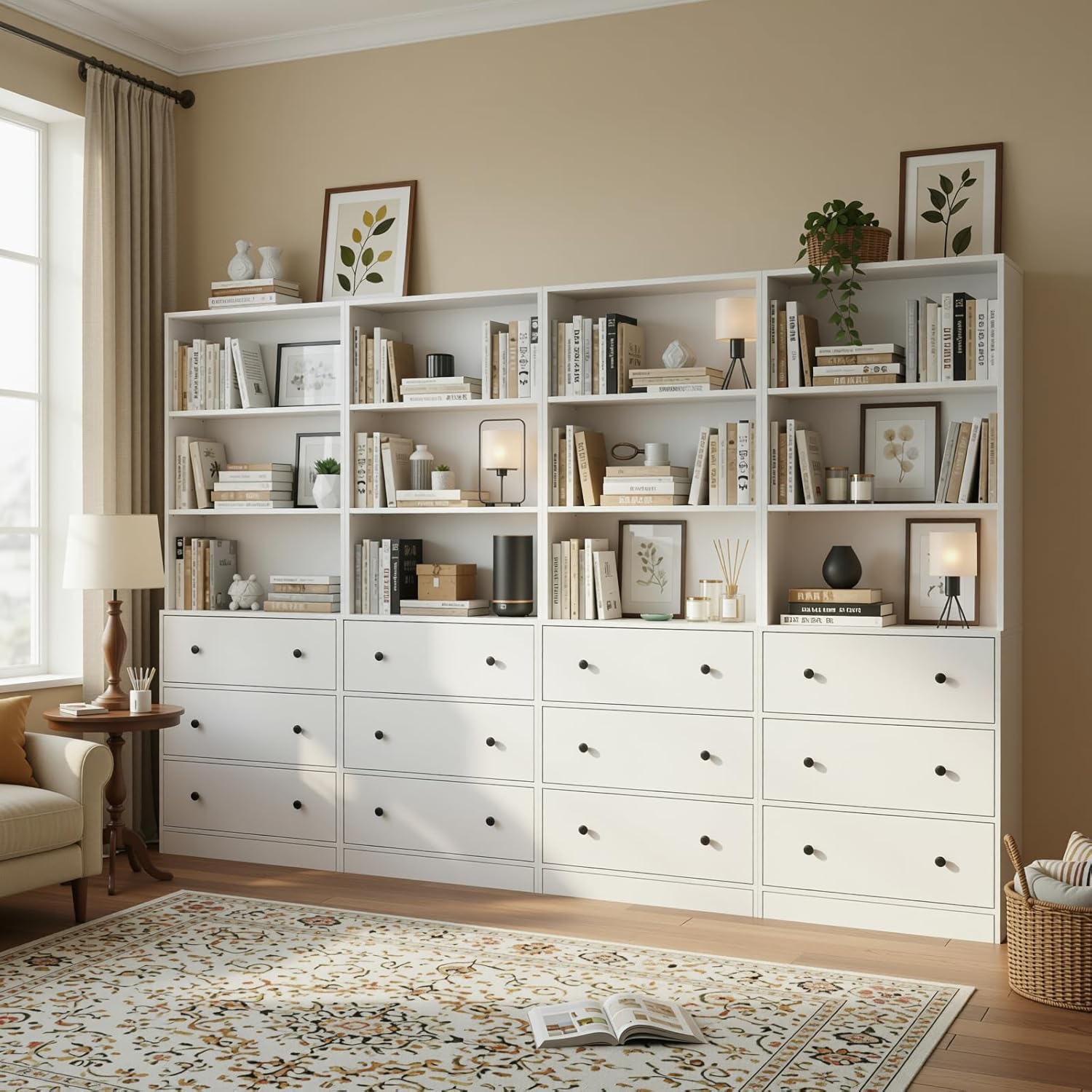 TUSY 71'' Wood Bookshelf with 3 Drawers - 6 Tier Freestanding Tall Storage Cabinet, Modern Floor Cabinet for Bedroom, Curio Cabinets with Storage for Living Room, Home Office (1, White)