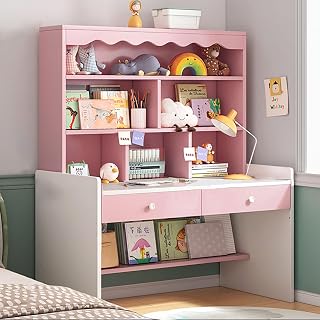 Nileco Height Adjustable Study Desk, Cute K*id-s Computer Desk Workstation with Drawer and Storage Shelf,Writing Table With Bookshelf Hutch for Home School Use(120x48x154cm(47x19x60inch), Pink)