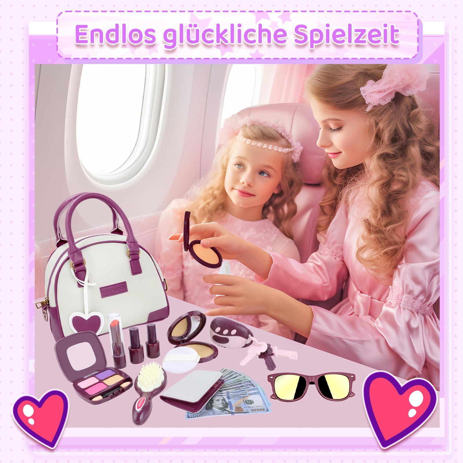 Handtasche Für Kinder Mädchen Mit Make-Up Vortäuschen - Mein Erstes Handtaschen-Set mit Handtasche, Handy, Geldbörse, Schminkspielzeug und mehr für Mädchen ab 3 Jahren, Geschenkidee für Kinder