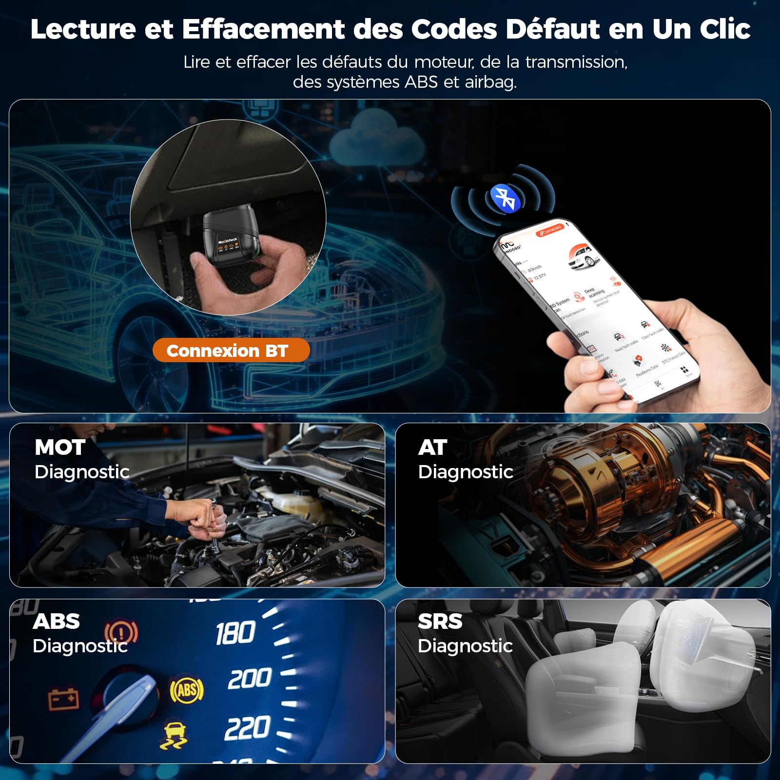 OBD2 Bluetooth Valise Diagnostic Auto : Scanner OBD Multimarque Français pour Diagnostic Moteur/Boîte/ABS/Airbag - Compatible iOS Android Windows - Analyse Complète Systèmes Mise à Jour Gratuite à Vie