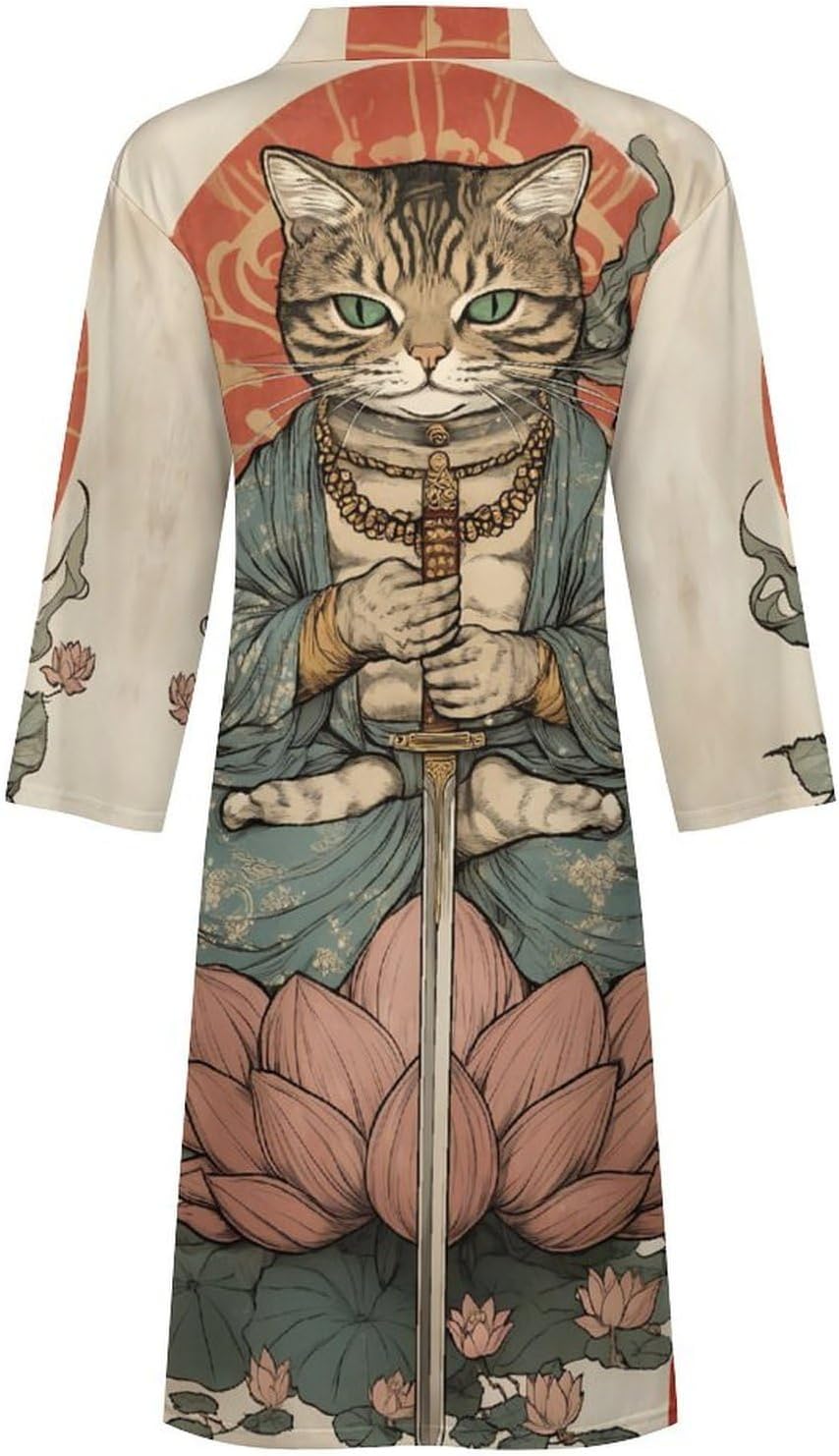 Vintage Japanese Samuraiscat Men's Robe Soft Bathrobe V Neck Loungewear Sleepwear Nightgown Dressing Gown