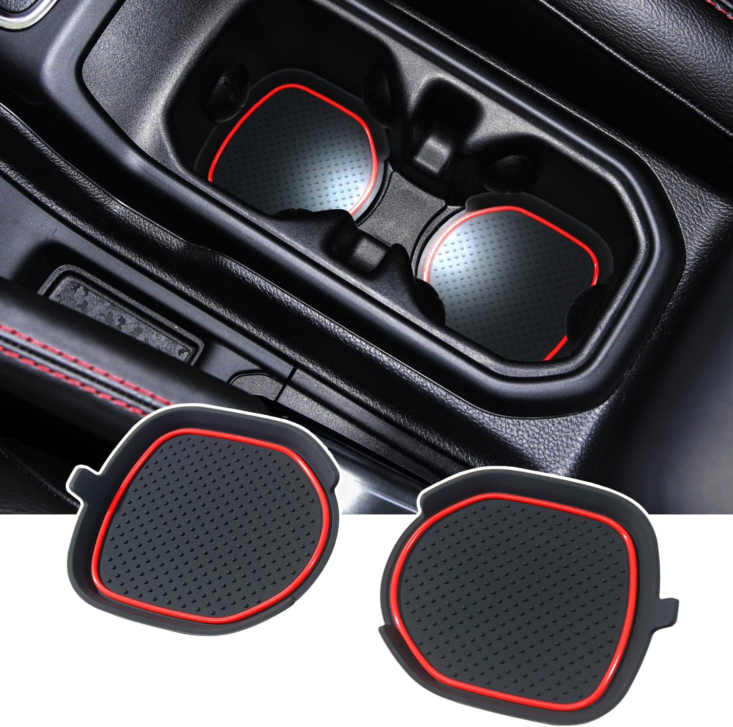 Cup Holder Inserts for Wrangler Accessories JL JLU 2018-2023 2024 Gladiator JT 2020-2023 Silicone Cup Liners Center Console Coasters Interior Mats Pad (Red Trim, 2-pcs Set)