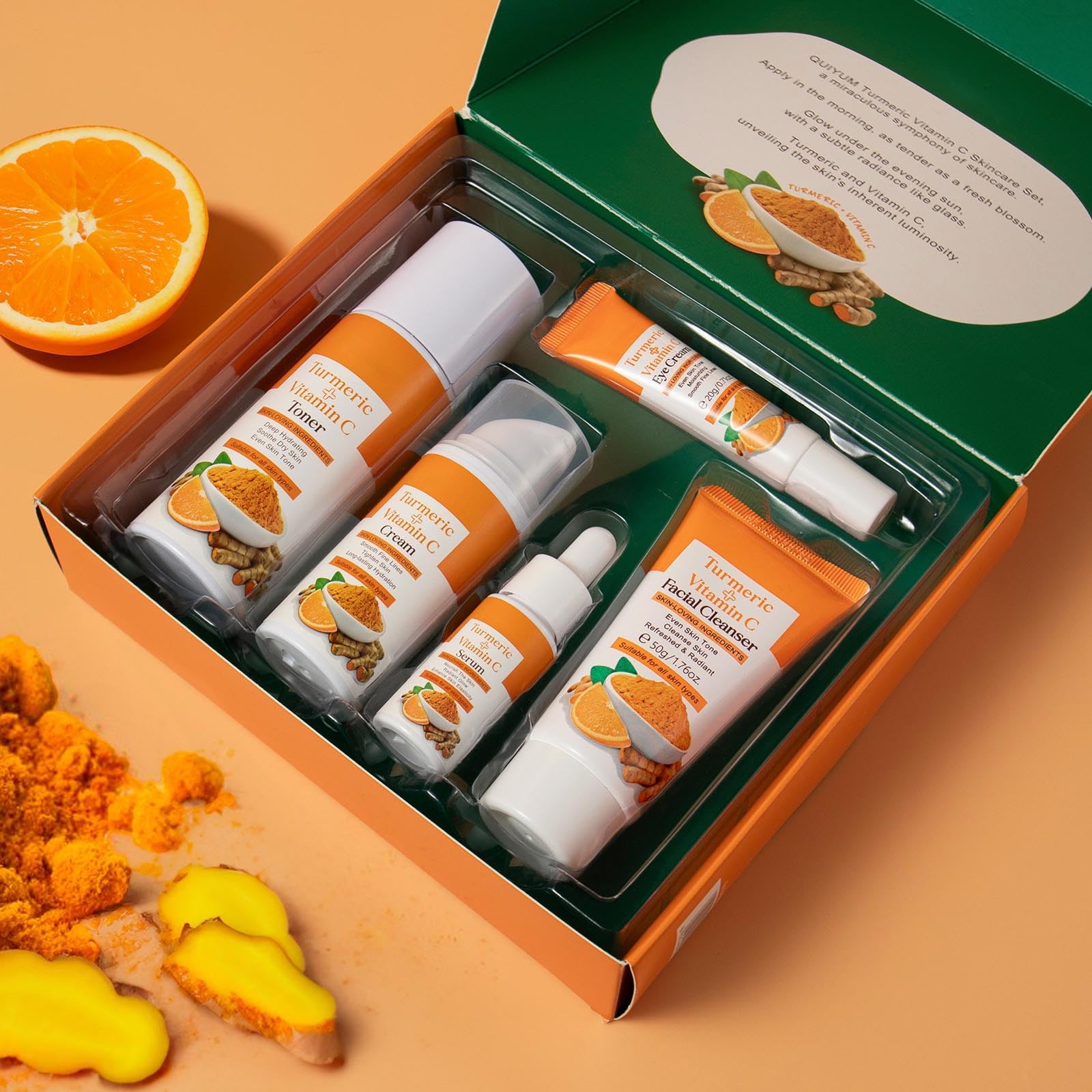 Weixinbuy Turmeric Vitamin C Skincare Set, 5 In 1 Women Gift Set Turmeric Face Cleanser Toner Serum Eye Cream and Face Cream - Image 4