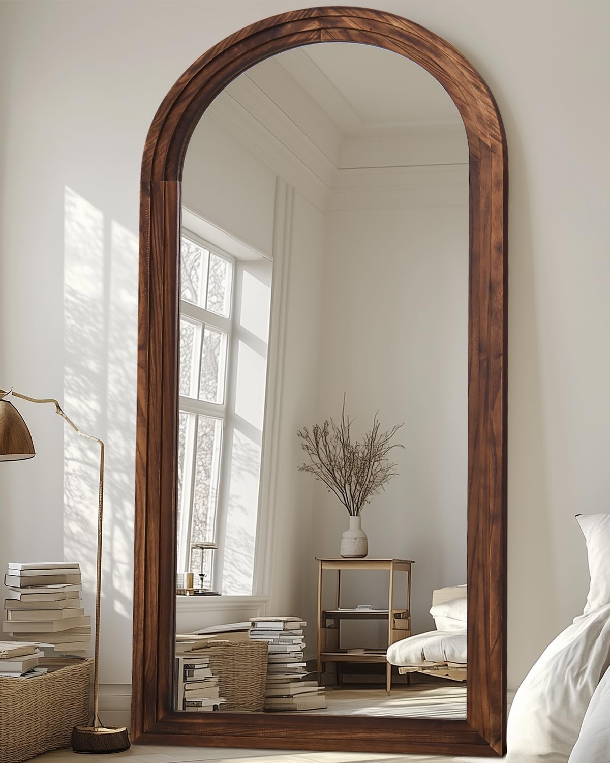 Full Length Mirror, 76"x34" Wooden Mirror Full Length with Stand Wood Floor Mirror, Oversized Stand Up Mirrors Large Wall Mirrors, Wall Mounted Mirrors, Arched Vintage Style, Walnut