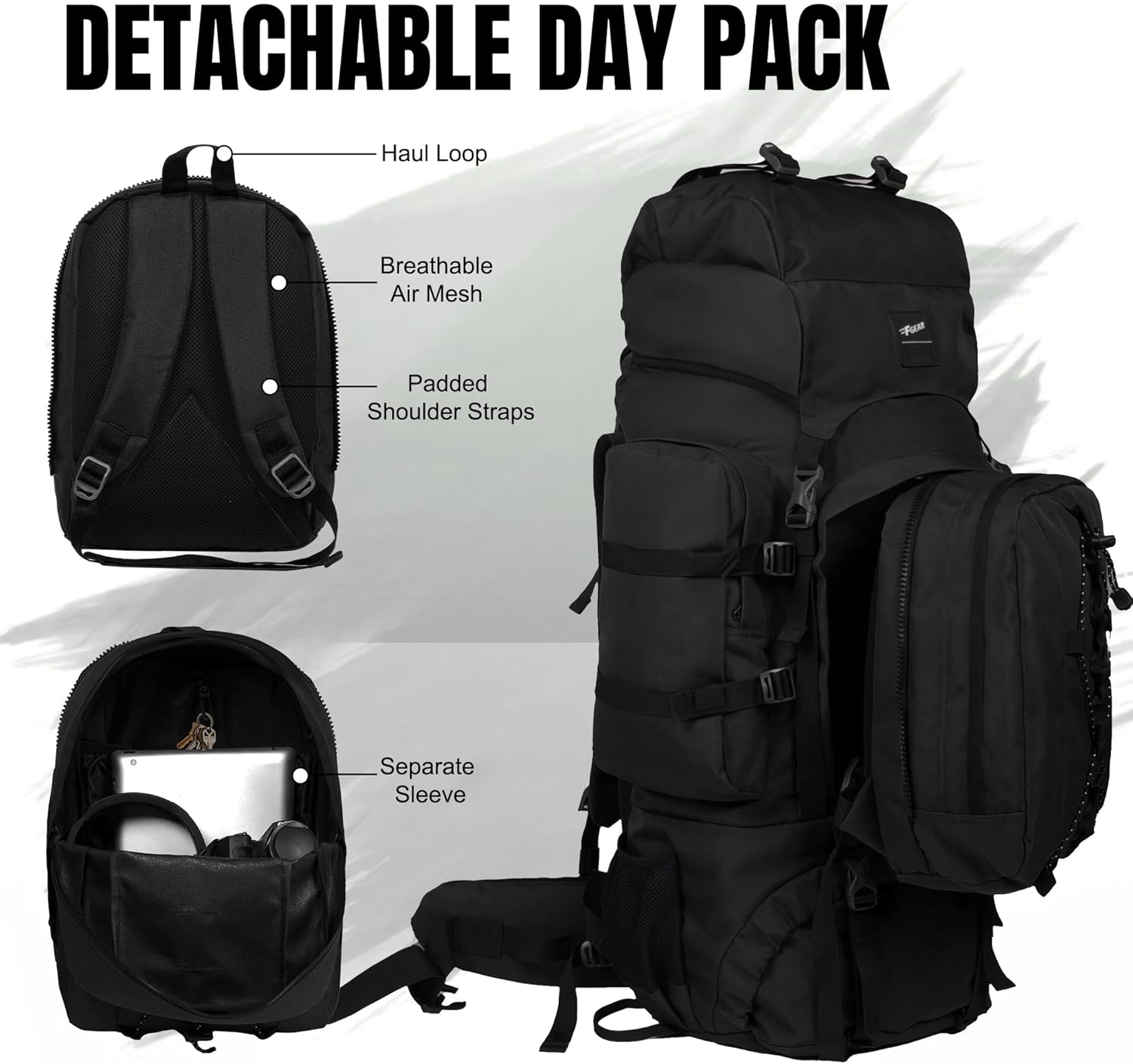 F Gear Levante Blk 87L, Unisex Hiking Trekking Camping Travel Leisure Tourist Outdoor Rucksack|Fits 17" Lap|Detachble 11L Tiny Bag|Top Open Shoulder Bag|Shoe Pocket 2 Bottle Holder&Raincover Bag,