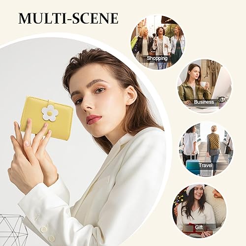 Miniatura 7 de LJCZKA Bonita cartera pequeña para niñas y mujeres, bloqueo RFID, piel sintética, tres plegadas, bolsillo para efectivo con tarjetero y billetera