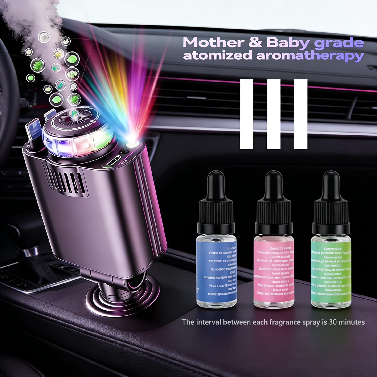 Cargador retráctil de coche con aromaterapia y luz de estrellas, adaptador USB C 5 en 1, cargador de coche de carga rápida de 69 W, ambientador de coche compatible con iPhone 16, 15, 14, 13, 12 y