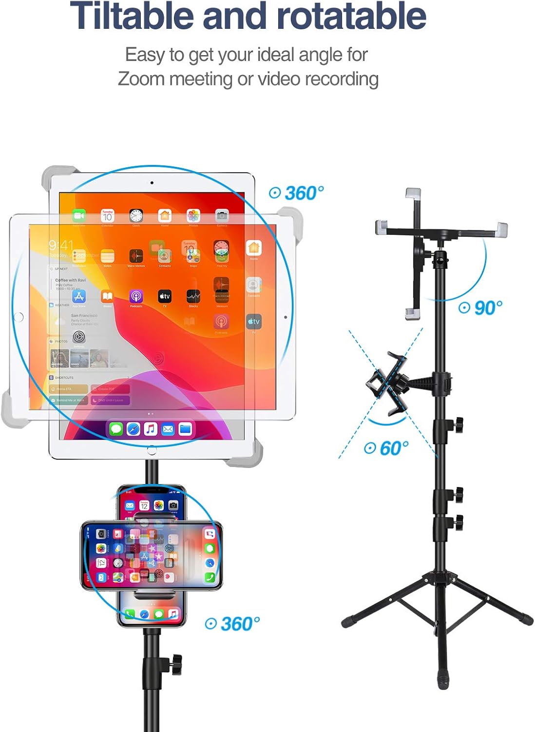 Elitehood Ipad Tripod Stand, Height Adjustable iPad Stand Holder & iPad Floor Stand with 360° Rotating iPad Tripod Mount for iPad Mini, iPad Air, iPad Pro and All 7.9-11.9 Inch Tablets : Electronics