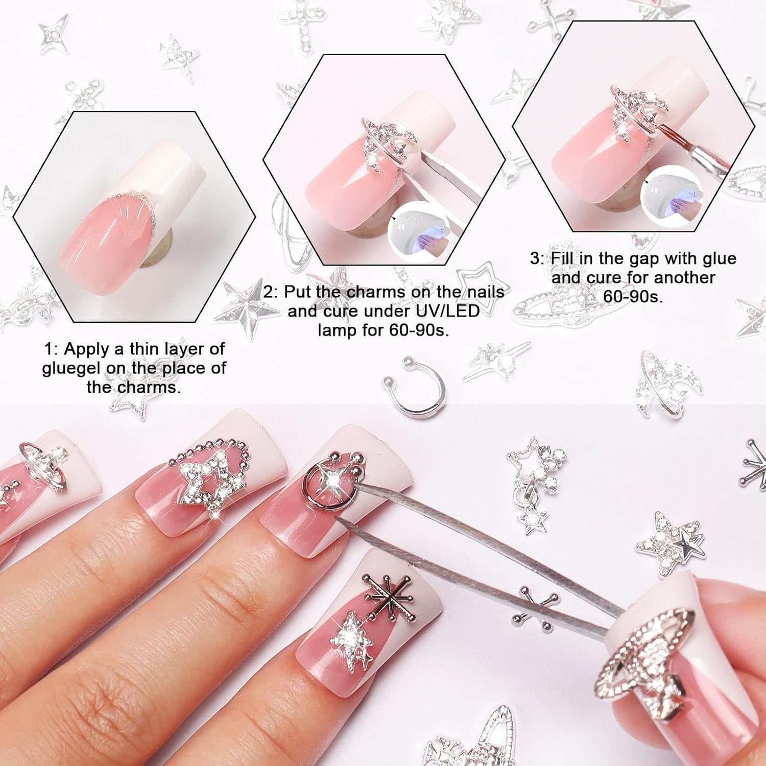 Allstarry Silver Nail Charms, Silver Charms for Nails 3D Charm and Gems Y2K with Flatback Rhinestones Bulk Goth Jewels Cross Star Planet Mary Gothic Nail Accessories
