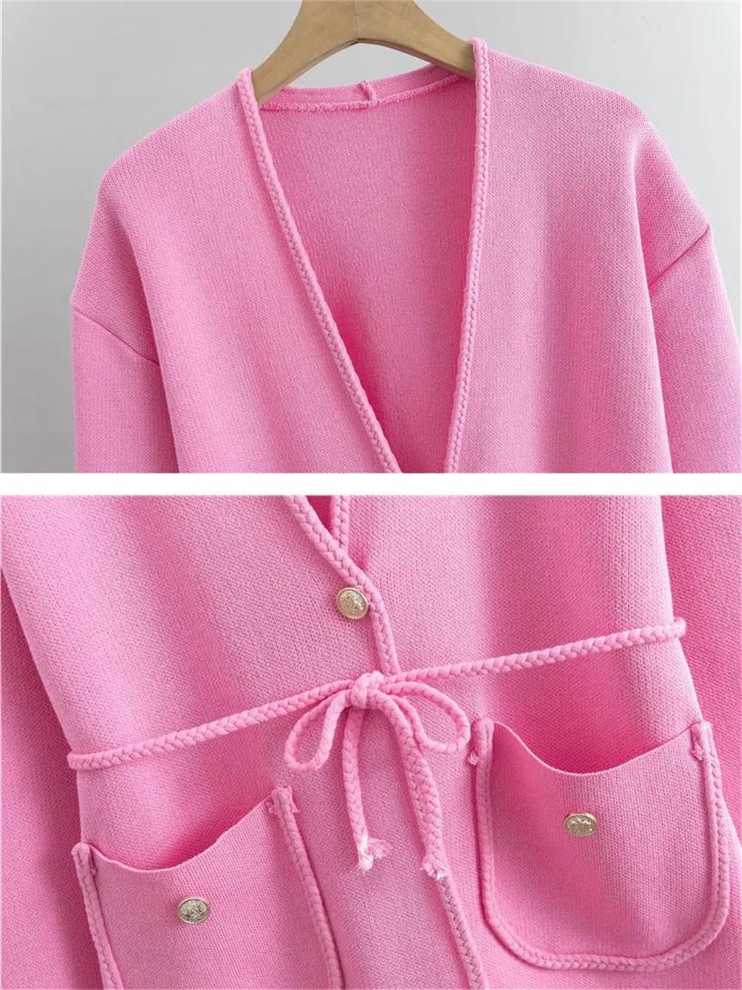 Completo da donna in maglia con scollo a V, cardigan con cintura e pantaloni dela donna in maglia con scollo a V, cardigan con cintura e pantaloni della tuta a vita alta, stile coreano, 2019