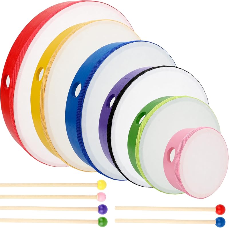 Paquete de 6 tambores de mano para niños con marco de madera y baquetas de 12 pulgadas, 10 pulgadas, 8 pulgadas, 7 pulgadas, 6 pulgadas, 4 pulgadas, instrumentos de percusión para niños, adultos, principiantes, regalos de fiesta en el hogar y la escuela