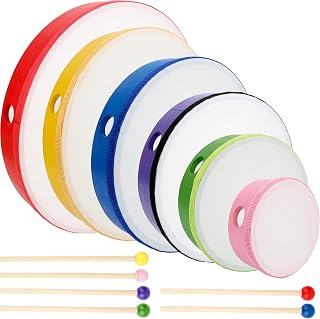Paquete de 6 tambores de mano para niños con marco de madera y baquetas de 12 pulgadas, 10 pulgadas, 8 pulgadas, 7 pulgadas, 6 pulgadas, 4 pulgadas, instrumentos de percusión para niños, adultos, principiantes, regalos de fiesta en el hogar y la escuela