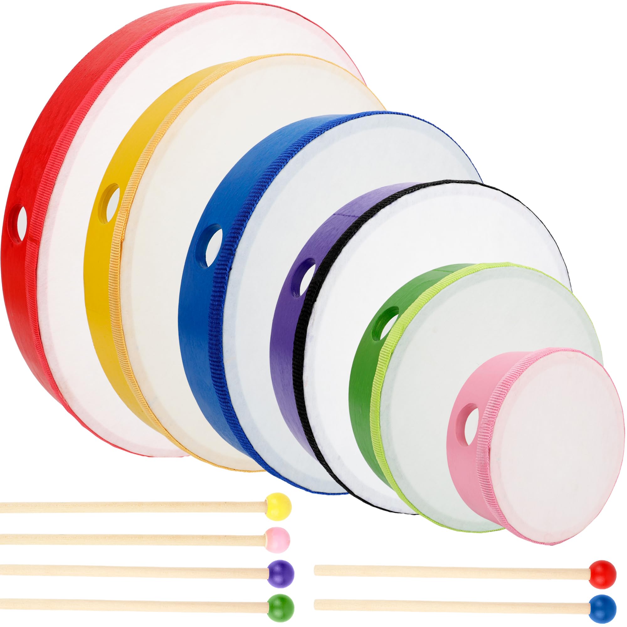 6 Pack Kids Hand Drums Wood Frame Drum Set with Drum Sticks 12 Inch 10 Inch 8 Inch 7 Inch 6 Inch 4 Inch Percussion Instruments for Kids Adults Beginners Home School Party Gifts