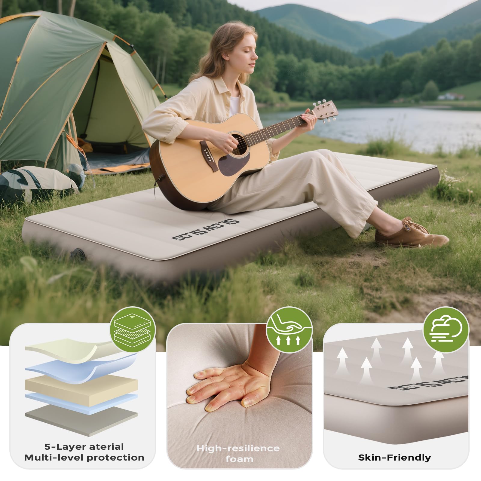 Self-Inflating Sleeping Mats for Camping 4in Ultra-Thick Foam Sleeping Pad Inflatable Camping Mattress with Pump Sack, Portable Camping Pad for 4-Season, Cream