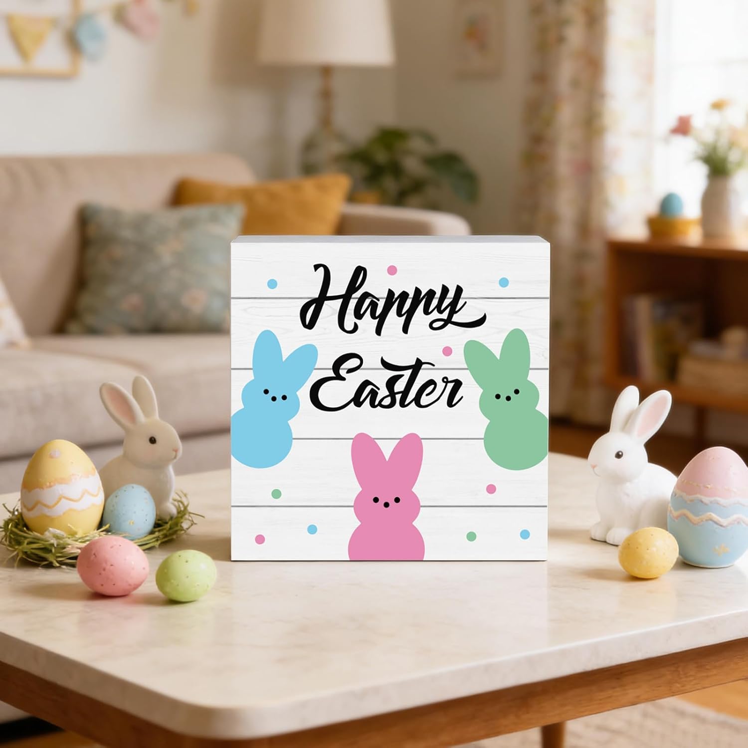Easter Table Decorations Easter Decorations Indoor Bunny Home Room Office Bathroom Wood Box Sign Rustic Wooden Shelf Desk Decor Season Sign House Warming Gifts 5.9 x 5.9 Inch