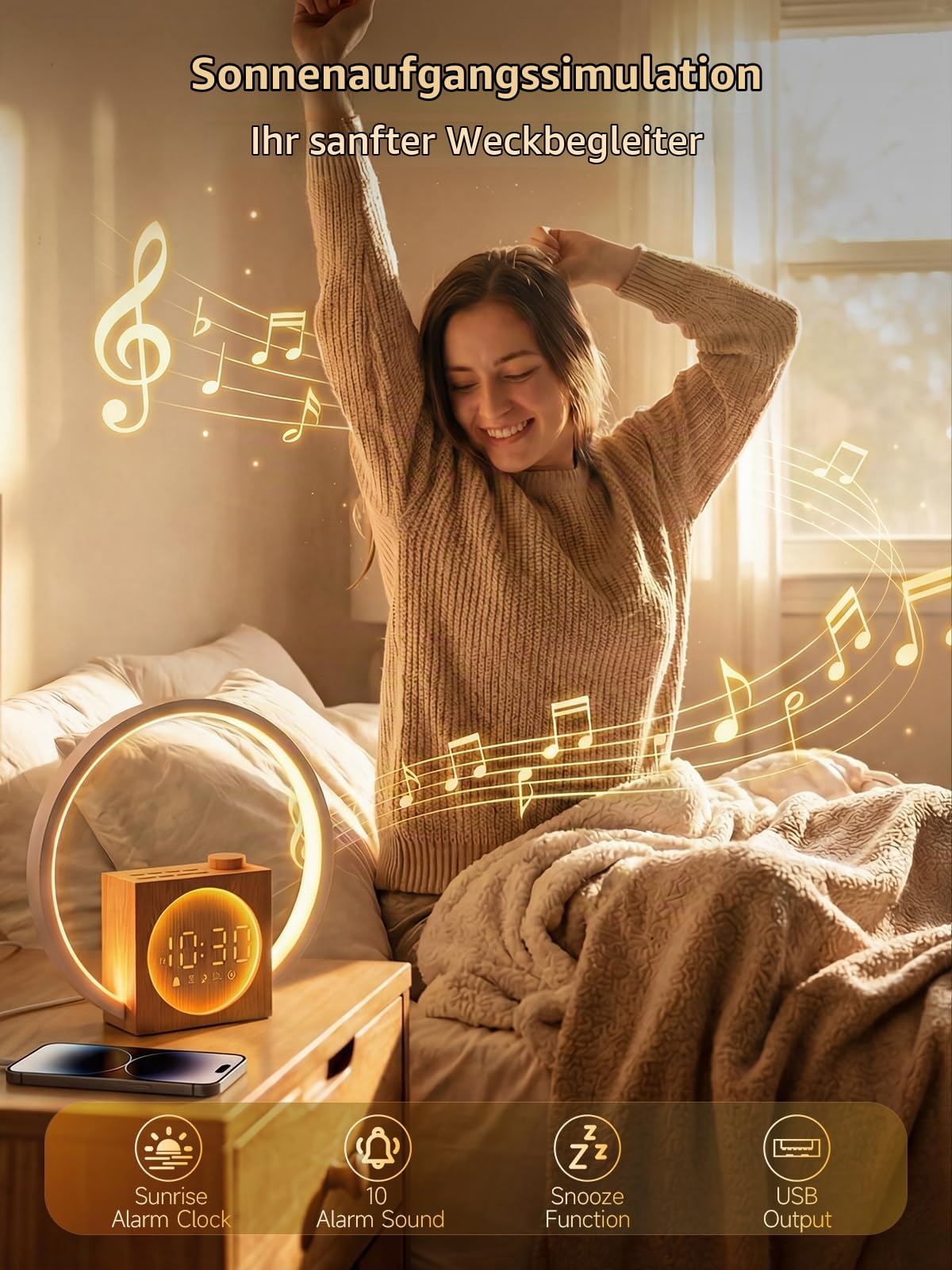 Tageslichtwecker Touch, Lichtwecker mit USB Ladefunktion | Sunrise Alarm Clock mit 20-Stufig Dimmbares, 30 Beruhigende Klänge, 12 Lichtmodi, Snooze, für Schlafzimmer