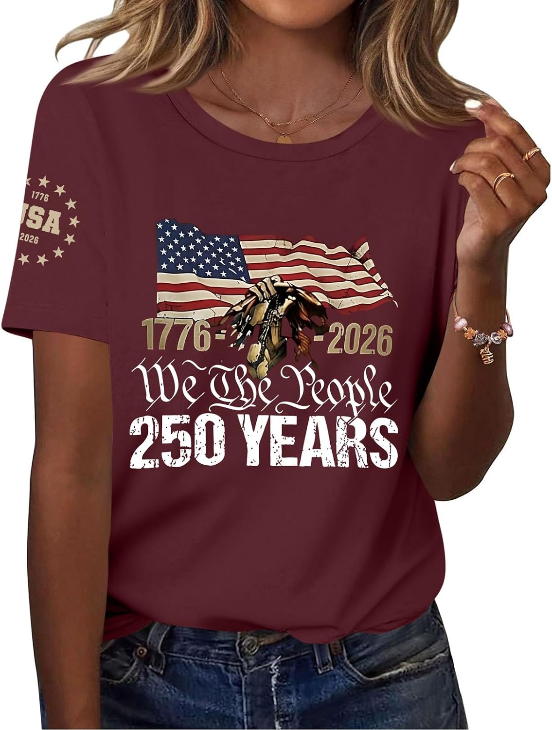WENKOMG1 Women's 250th Birthday Shirt Short Sleeve 1776-2026 Graphic Print USA Patriotic Freedom Tee Tops, S-3XL
