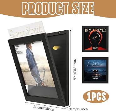 Vinyl Record Frame Wall Mount, 1 Pack Vinyl Record Display Frame 12x12 Inch Wood Display Cover With Clear Acrylic Front Opening Frames for LP Album Cover (Black)