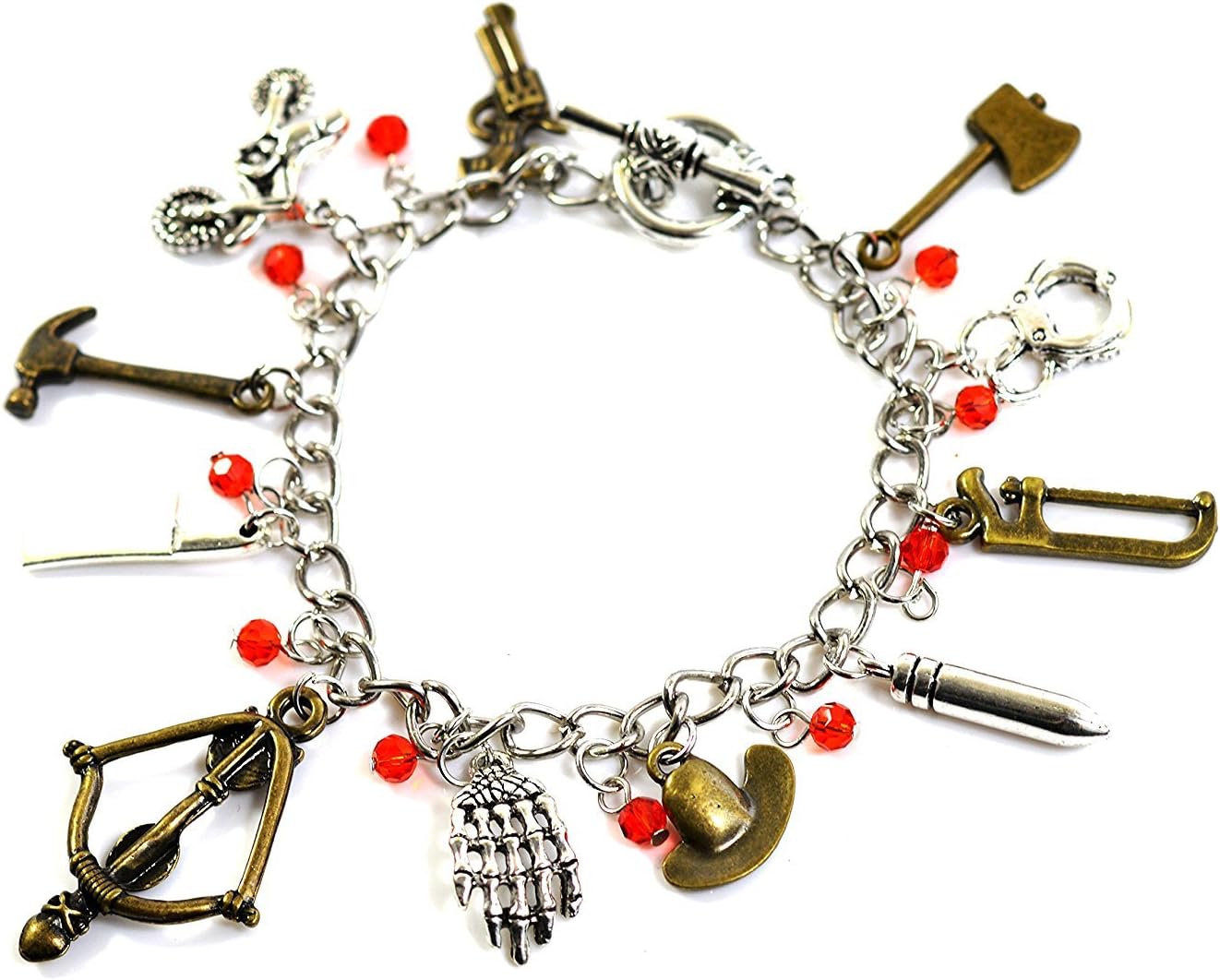 Beaux Bijoux The Walking Dead Charm Bracelet - Zombie Pendant with Crossbow, Hatchet, Pistol and Rick Grimes Sheriff Hat in Gift Box
