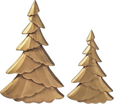 RM ROOMERS Christmas Tree Figurines, Vintage Tabletop Xmas Statues, Set of 2 Antique Gold Wooden Decorative Trees for Desk, Mantel, Entryway, Rustic Holiday Centerpieces