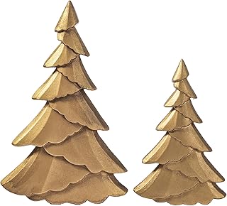 RM ROOMERS Christmas Tree Figurines Wooden, Set of 2 Gold Christmas Tree Vintage Tabletop Xmas Statues, Antique Decorative Xmas Trees for Desk, Mantel, Entryway, Rustic Holiday Centerpieces