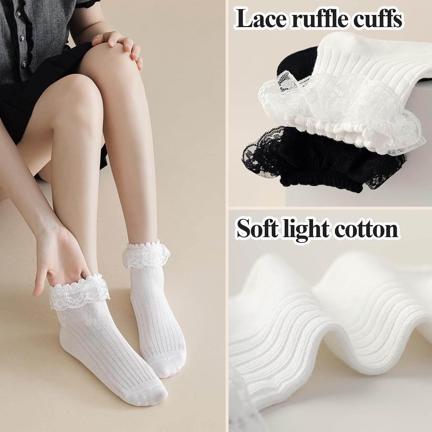 BIVOLU Womens Crew Socks Lace Ruffle Frilly Cotton Cute Princess Ankle Dress Socks for Girl 6 Pack