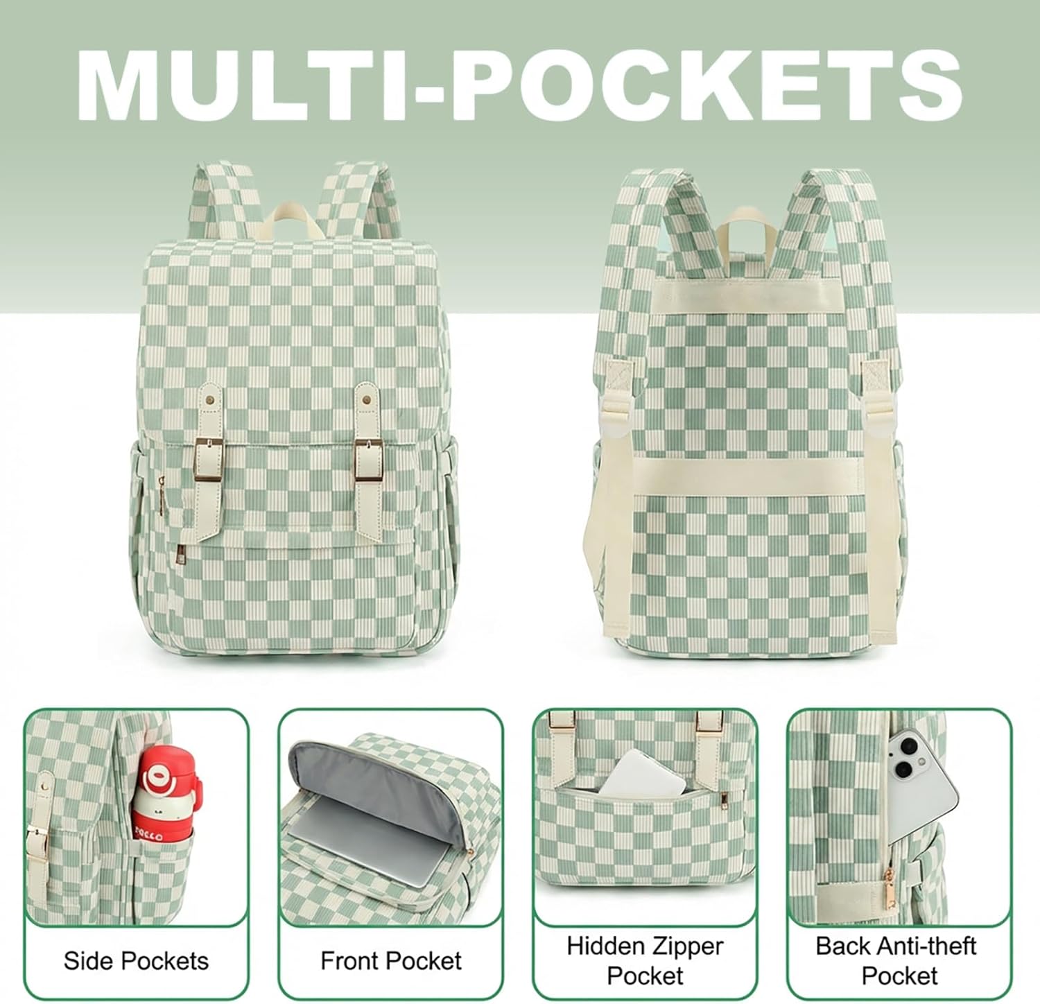 Women Laptop Backpack, Corduroy 15.6" Travel Backpack for Work College Business, Teacher Nurse Bag with Large Capacity School Bookbag Bags for Girls - Checkered Matcha Green