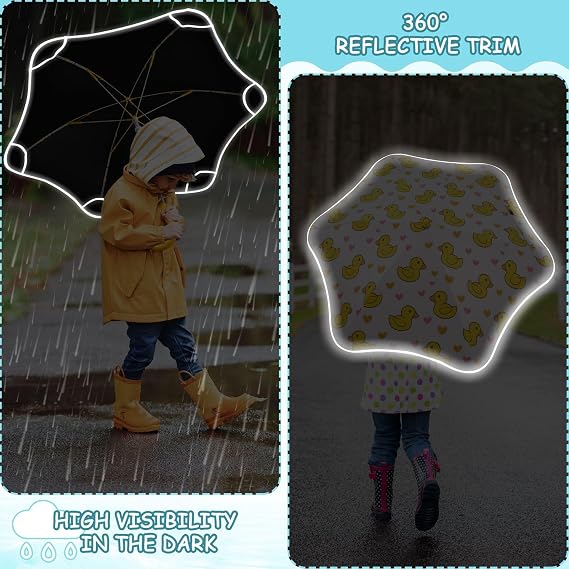 Little Yellow Duck Heart Pattern Kids Umbrella for Girls Boys Windproof Anti-UV Folding Stick Umbrellas with Reflective strip & Rounded Corner Lightweight for Walking School Travel