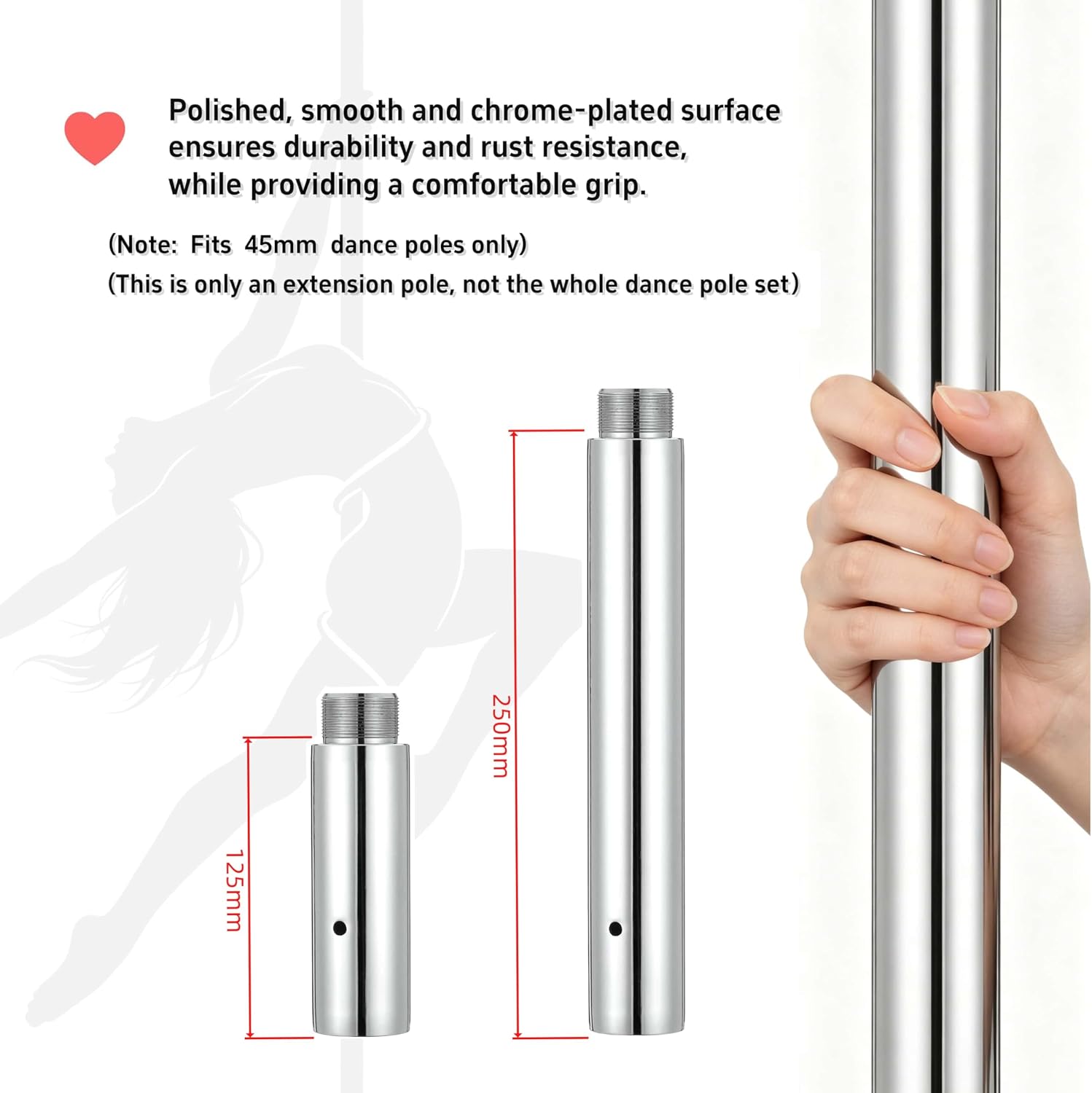 Pole Extension for 45mm Dance Pole, Stainless Steel Extender Tube, Smooth Connection, Height Adjustable Replacement Accessory for Dancing Pole