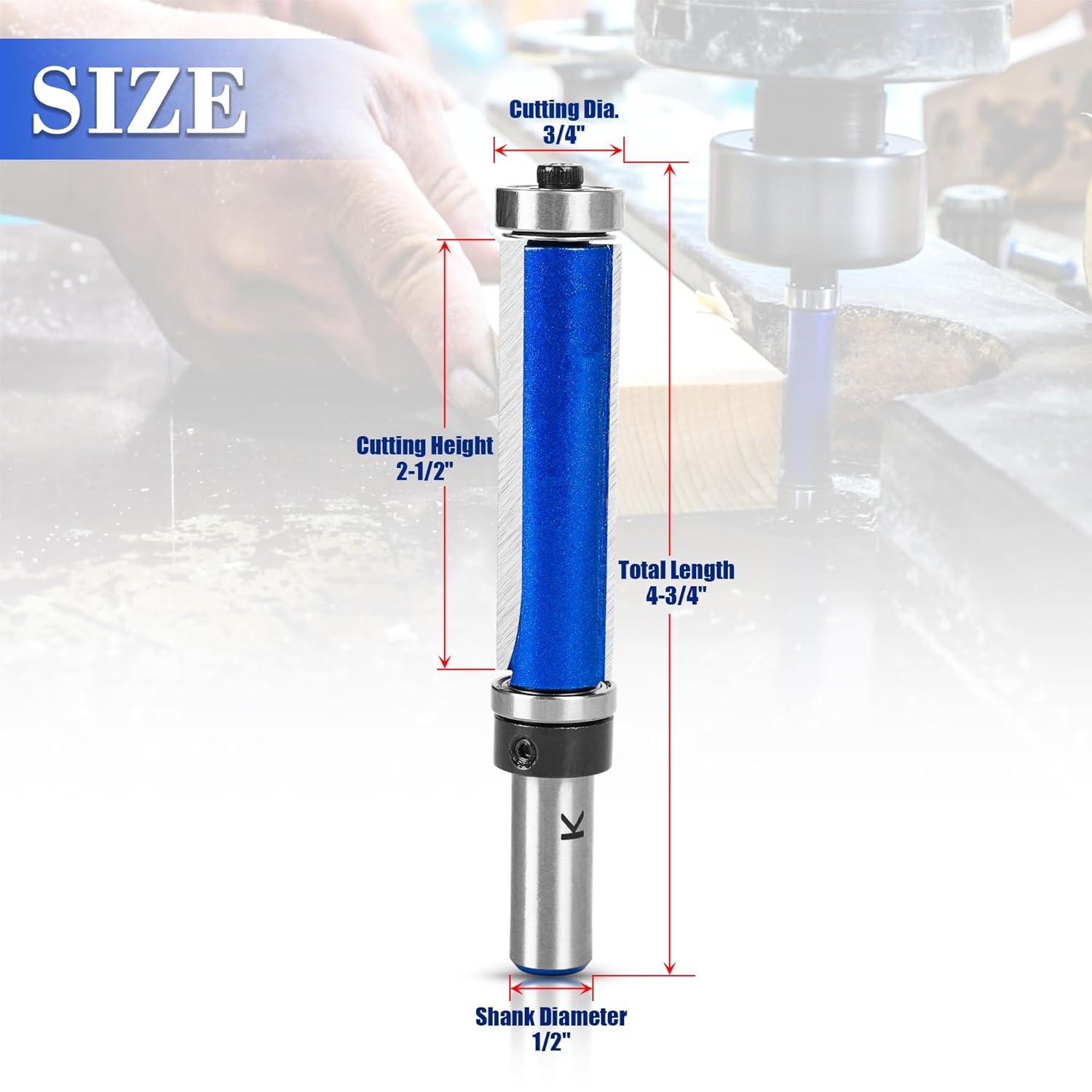 Top and Bottom Bearing Flush Trim Router Bit 1/2 Inch Shank, 2-1/2" Cutting Length,3/4" Cutting Diameter, Carbide Pattern Flush Trim Cut Router bit
