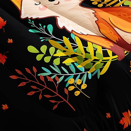 Miniatura 5 de Juego de edredón de zorro de dibujos animados, 3 piezas, lindo juego de ropa de cama de zorro con estampado de plantas y hojas para niños y niñas