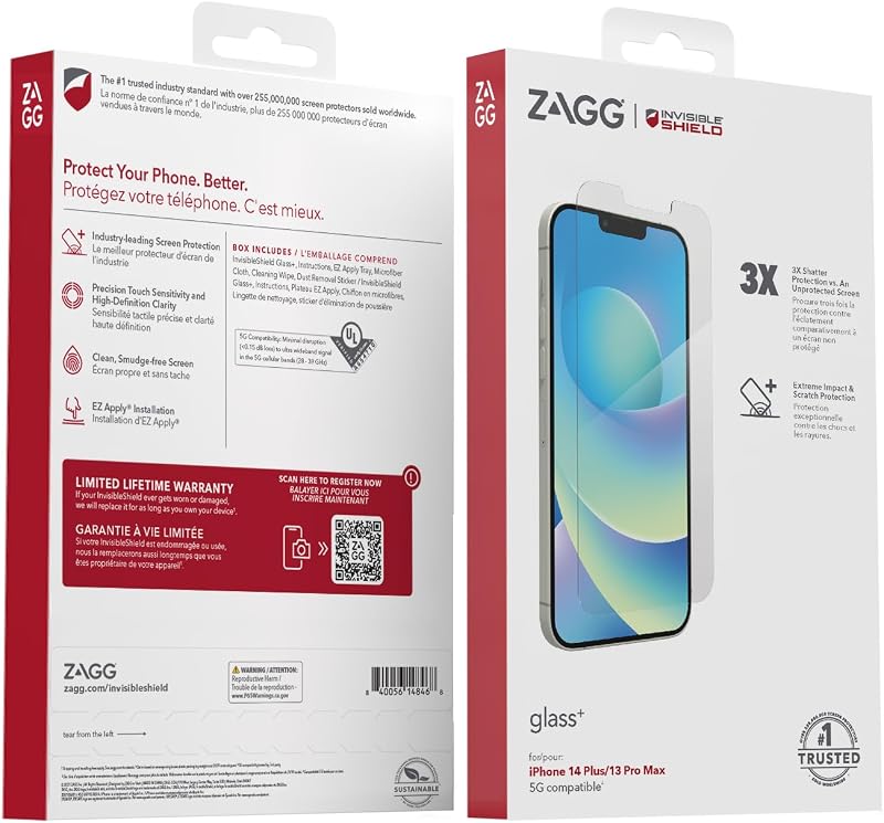 Protector de pantalla ZAGG Glass+ para iPhone 14 Plus/13 Pro Max - Protección 3X contra roturas, alta resistencia a los arañazos, resistente al aceite, bordes reforzados, InvisibleShield, fácil instalación