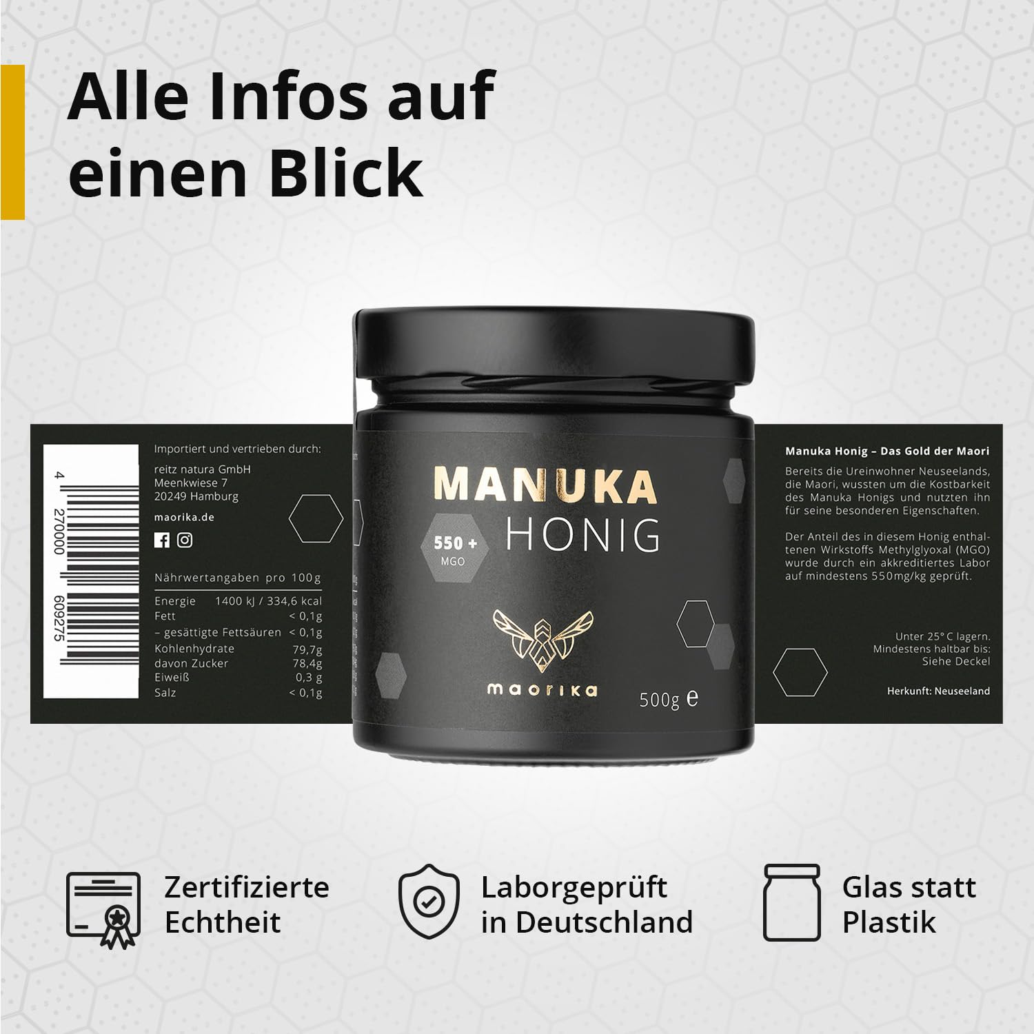 Manuka Honig 550 MGO 500g im Glas laborgeprüft zertifiziert aus Neuseeland