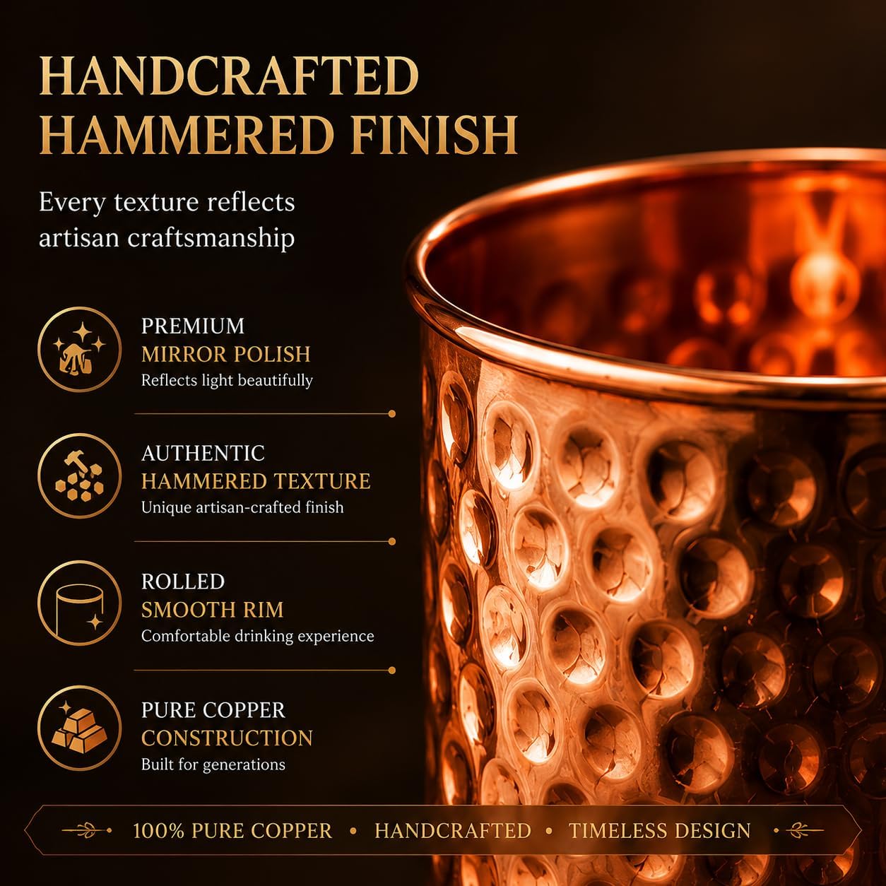 Moscow Mule Copper Mug 14 oz – 100% Pure Solid Copper (No Lining) | Handcrafted Hammered Finish | Keeps Drinks Ice Cold Longer | Classic Cocktail Mug with Handle | Gift for Men & Women