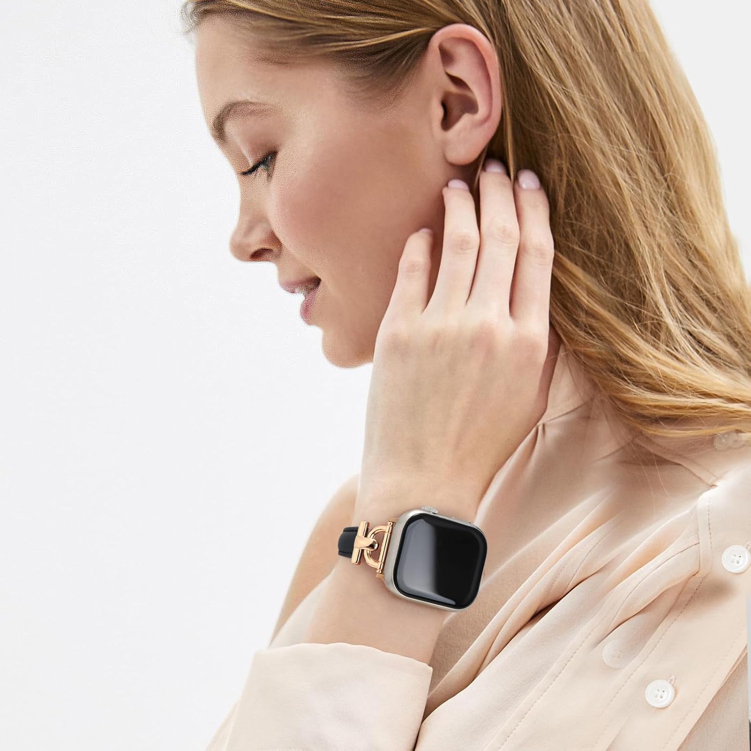 Leather Band Compatible with Apple Watch Bands for Women, Dressy Fancy Strap for iWatch Series 11/10/9/8/7/6/5/4/3/2/1/se(38mm 40mm 41mm 42mm,Dark Black/Rose Gold) - Image 5