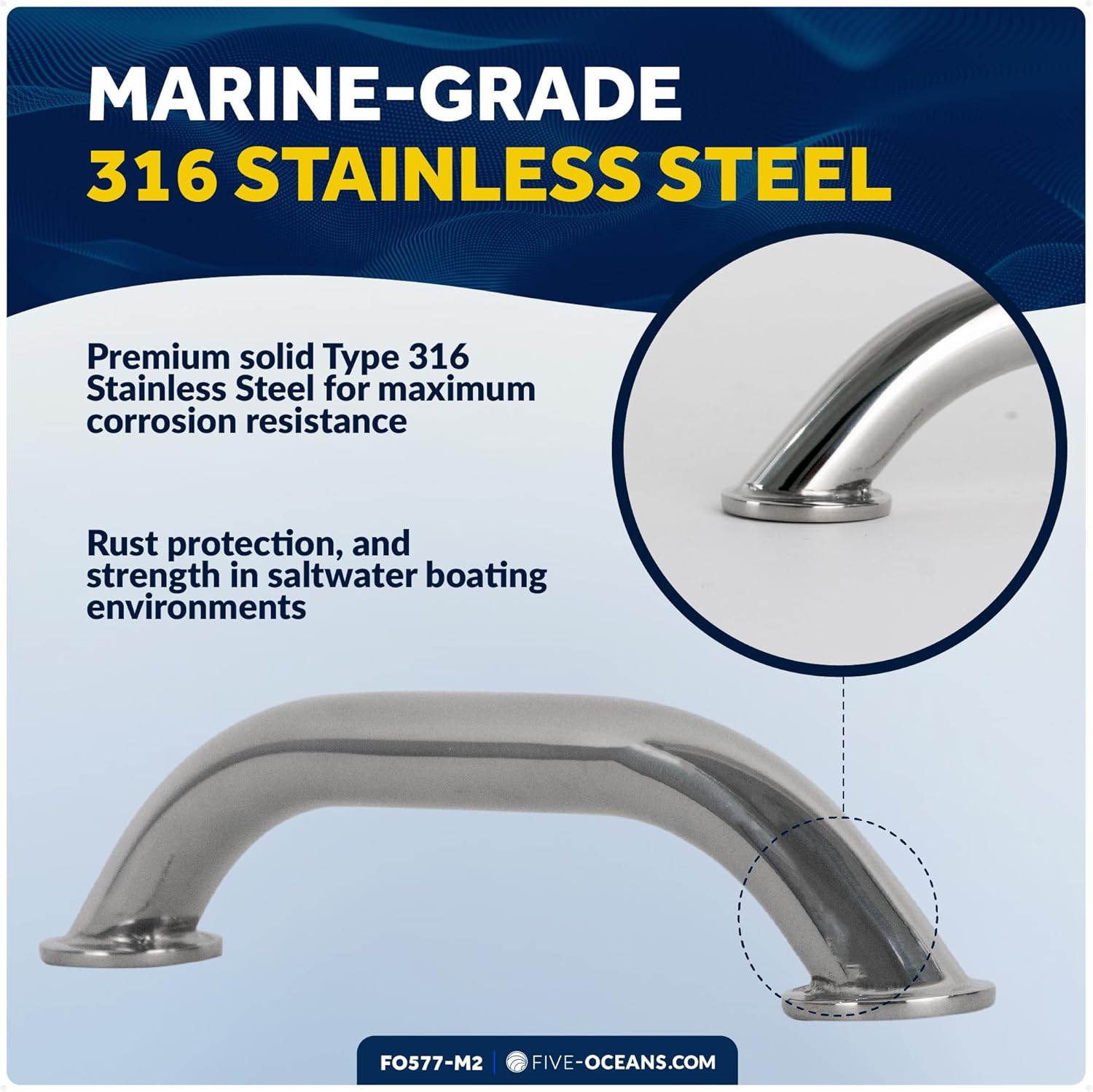 Five Oceans Boat Grab Handle, 9-Inch Stainless Steel Marine Handrail for Pontoon, Fishing Boats, Bass Boats, Sport Boats, Sportyachts, Sailboats