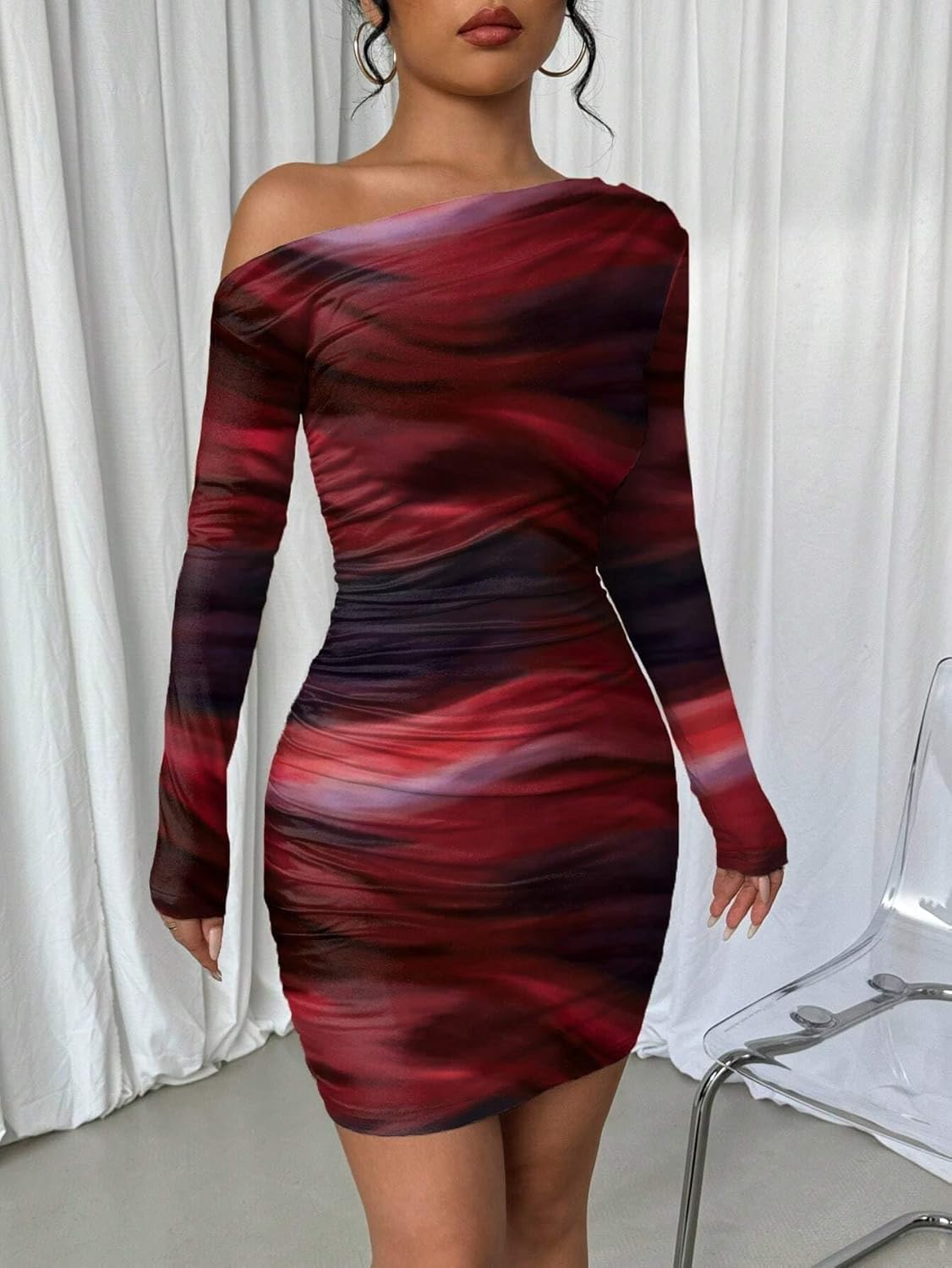 Women's Sexy Off The Shoulder Bodycon Mini Dress Tie Dye Long Sleeve Ruched Asymmetrical Club Dresses (US, Alpha, Medium, Regular, Regular, Red Tie Dye) - Image 4