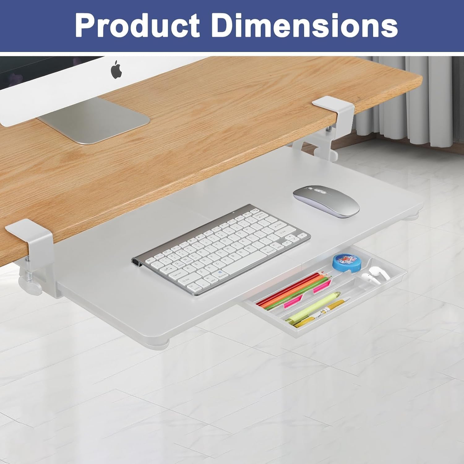 Desktop Keyboard Tray, Pull-Out Under The Table, 26.77 "X 11.81" Large-Sized Keyboard Tray, C-Shaped Lip Holder, Easy to Install, Suitable for Home Learning and Office Use(White)
