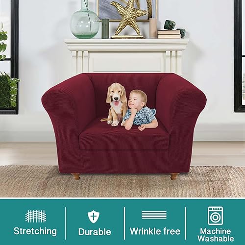 Miniatura 2 de Funda de sofá de jacquard elástico Chesterfield, fundas de cojín gruesas para sofá, protector de muebles para sala de estar (vino, silla + cojín de