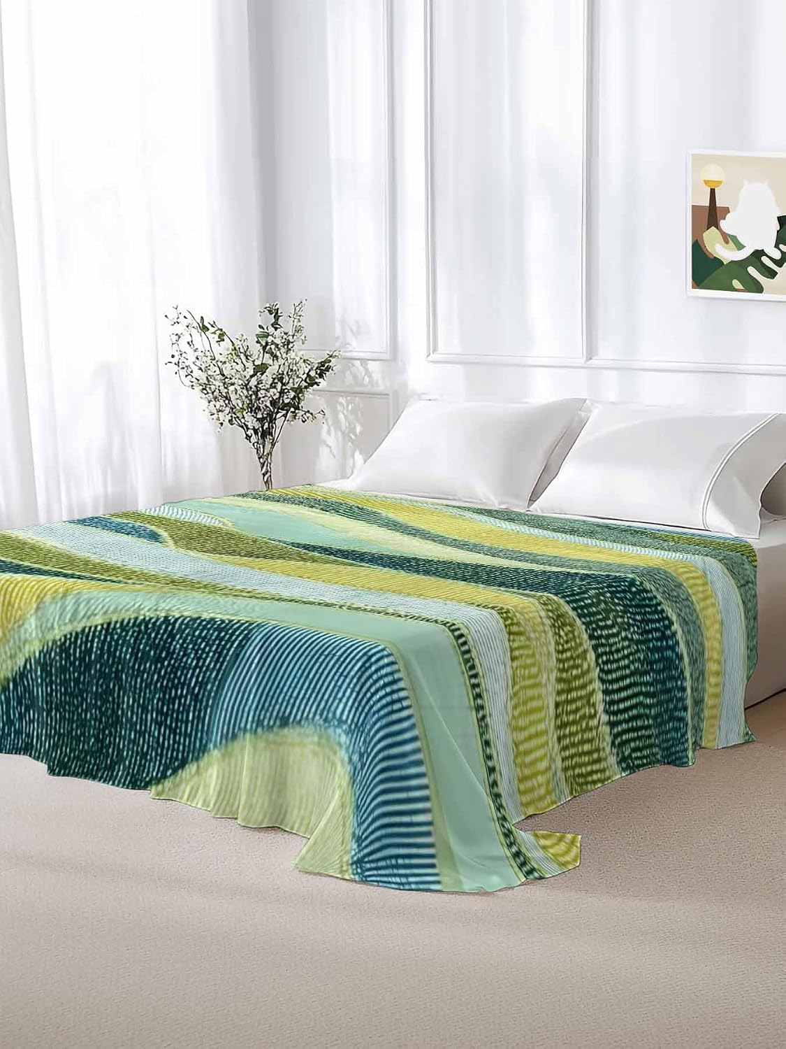 Top Sheet Full Bedding Flat Sheet Only, Vintage Gradient Green Yellow Waves Microfiber Bed Sheets Soft Breathable Bedding Flat Sheets, Abstract Ombre Blue Hotel Luxury Top Sheets