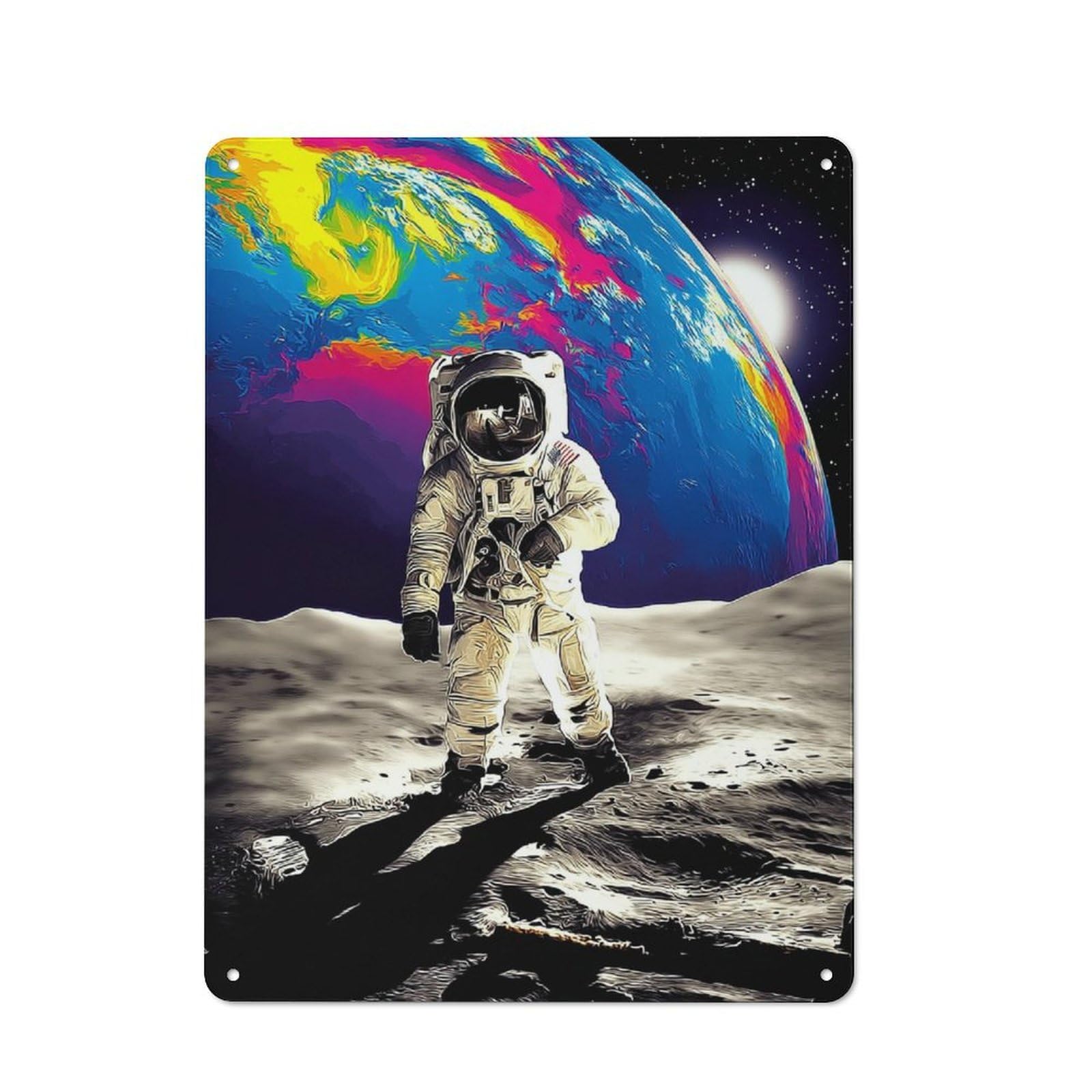 Junmoney Astronaut On The Moon With Earth In Backgroun D -1 Vintage Tin Wall Plaque 40X30cm For Kitchen Or Home Bar, For Vintage Wall Decor Fans, For Themed Room Decoration