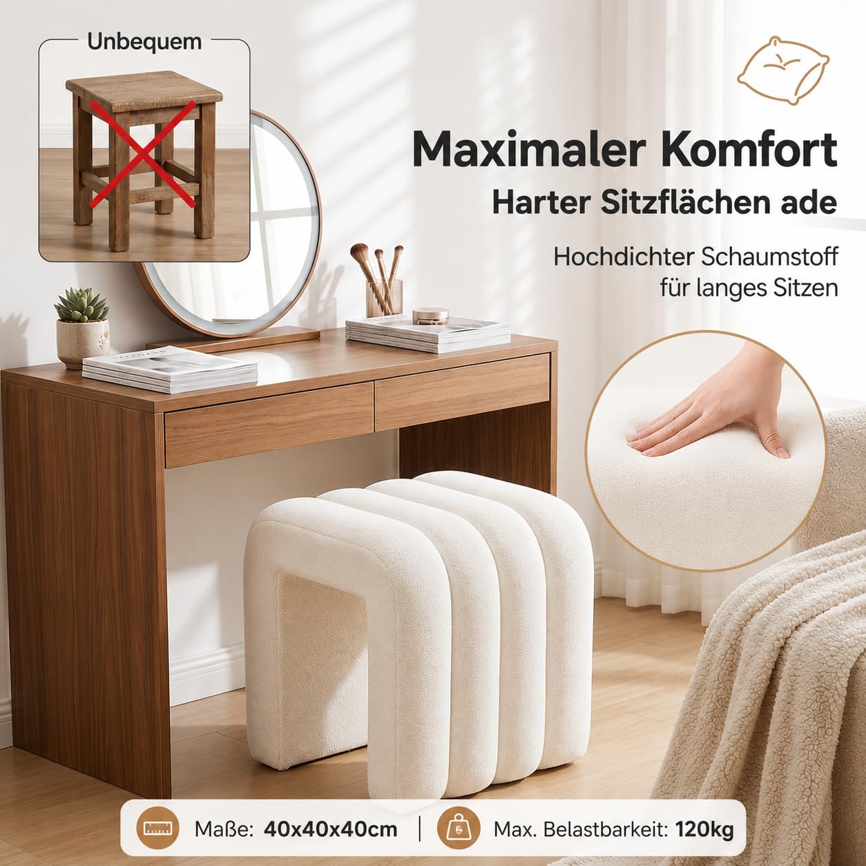 Zedelmaier Hocker mit Holzfüßen – Weißer Sitzhocker, Fußhocker, Sitzwürfel & Pouf für Wohnzimmer, Schlafzimmer, Eingangsbereich (Weiß)