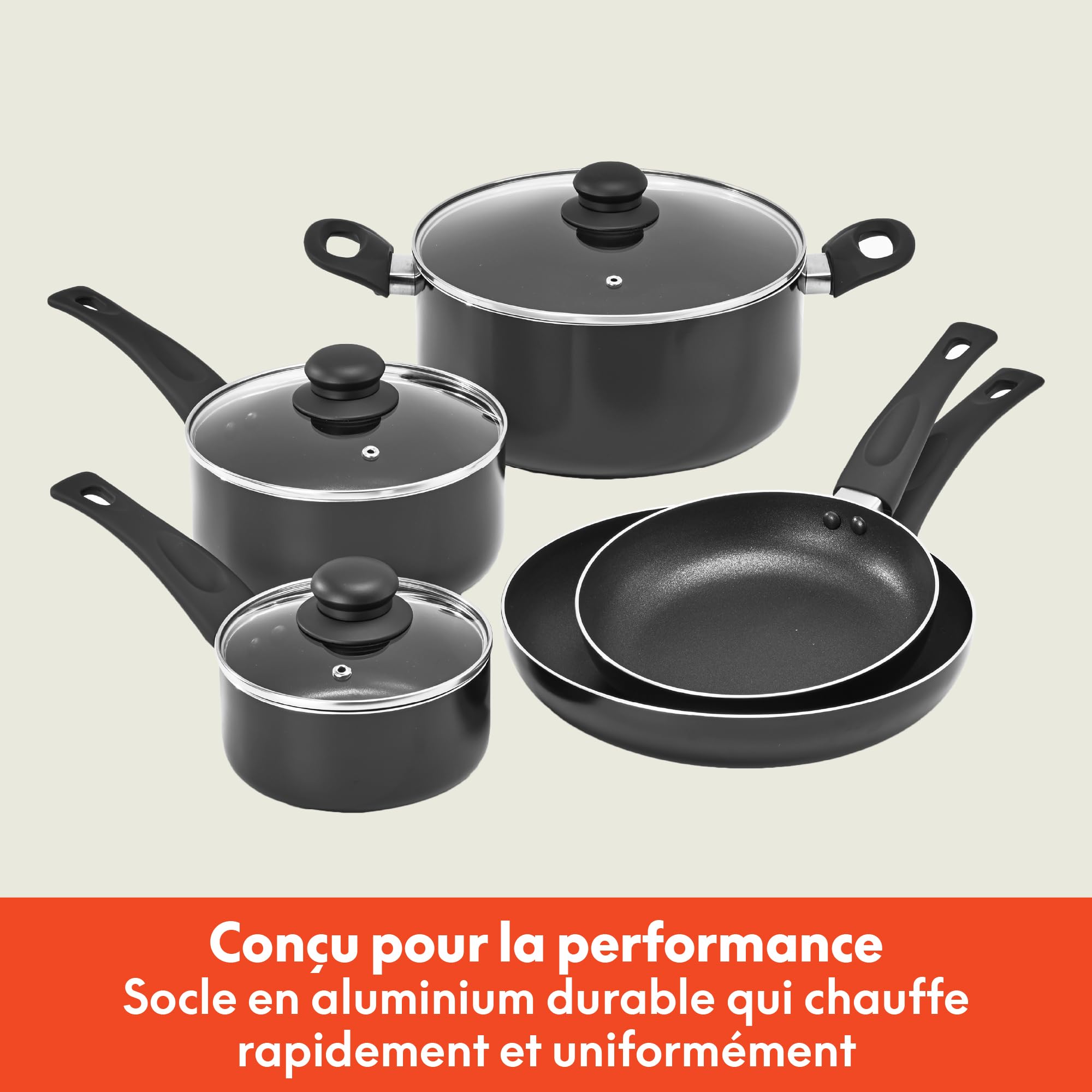 bella Batterie de cuisine, 12 pièces avec ustensiles, antiadhésifs, sans PFOA, surface de cuisson résistante aux rayures, compatible avec toutes les cuisinières, nylon et aluminium, noir