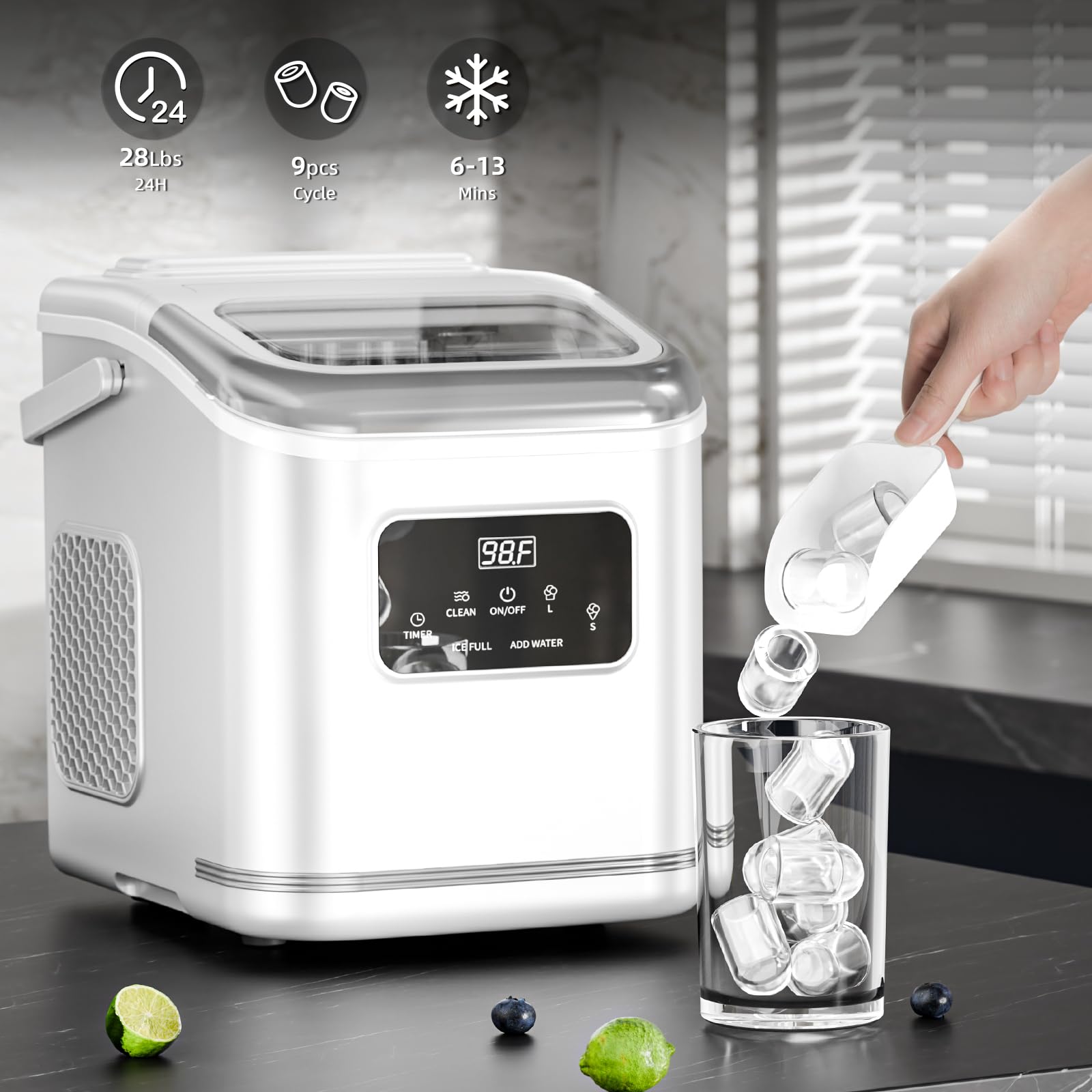 Antarctic Star Countertop Ice Maker, Portable Ice Machine with Carry Handle, 28Lbs/24H, 2 Sizes Bullet Ice, 24H Timing, 9 Cubes in 6 Mins Office/Kitchen/Bar White on Fridge.com