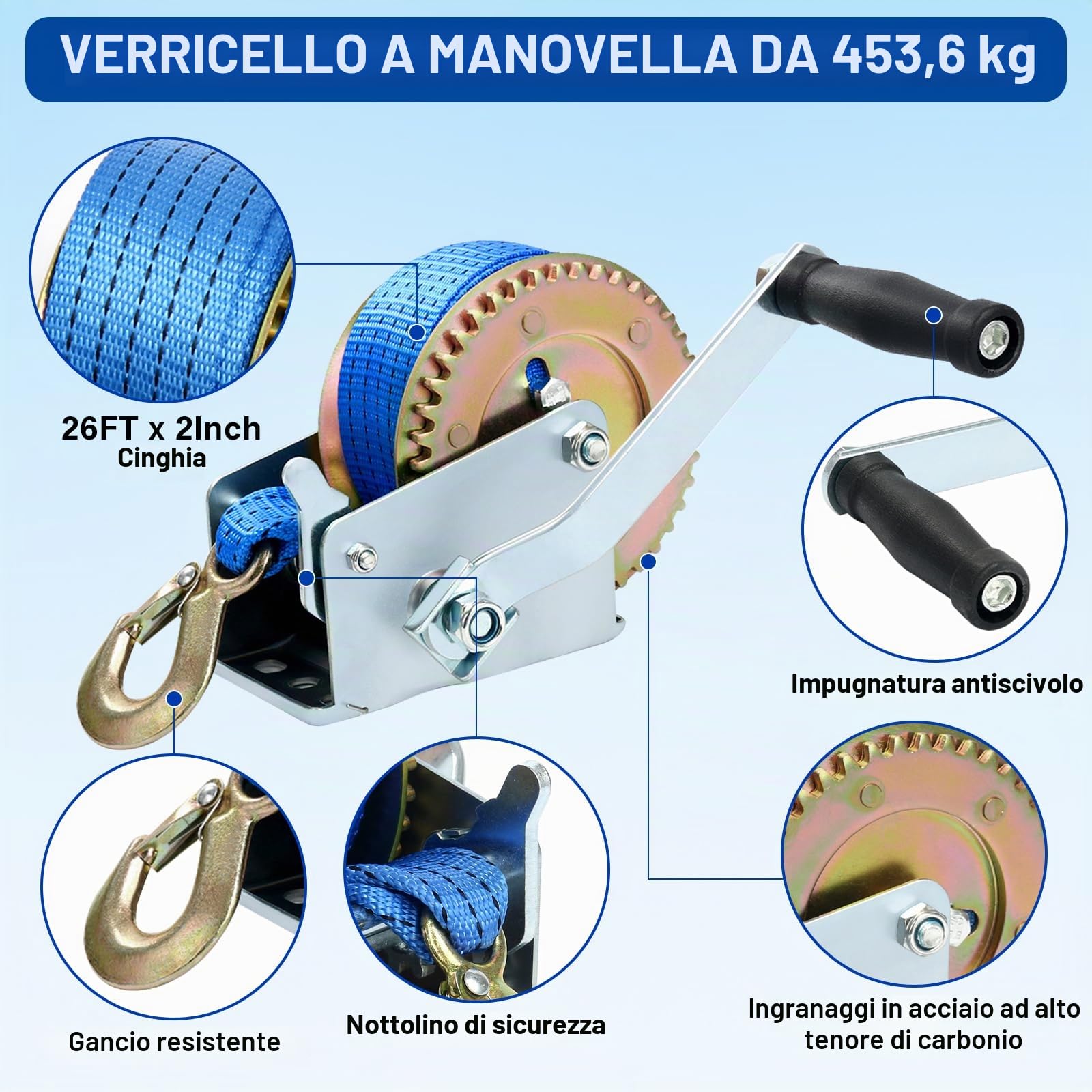 FreeTec Verricello Manuale con Cinghia 453 kg (1000lbs) con Cinturino da 8m, Argano Manuale a Fune Verricello Manuale per Rimorchio Camion Auto Caravan