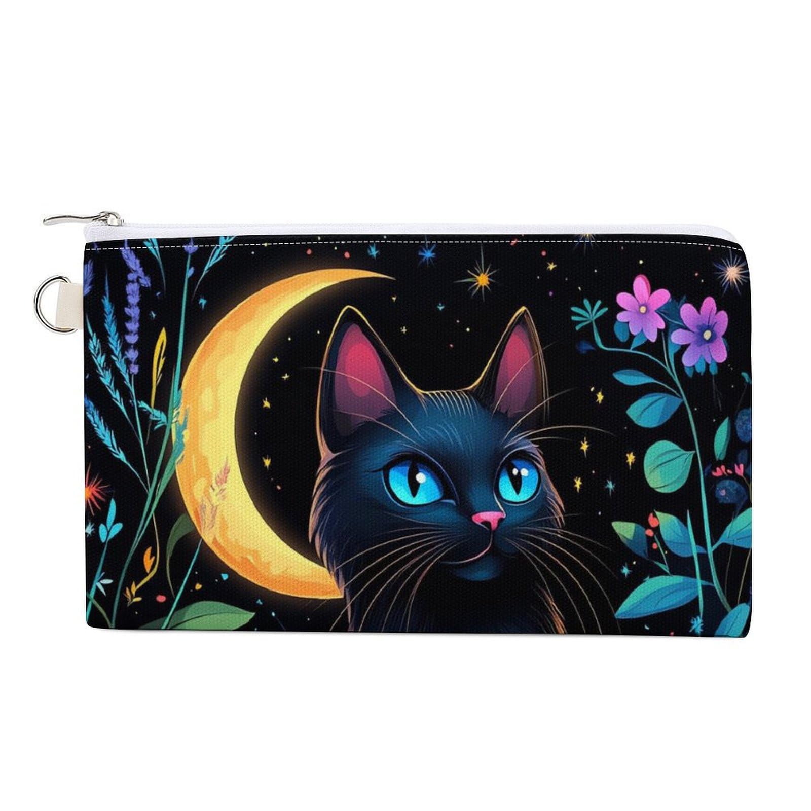 Black Cat With Flowers Coin Purse Canvas Change Pouch Portable Pocket Wallet Mini Storage Bag with Zippered Keychain