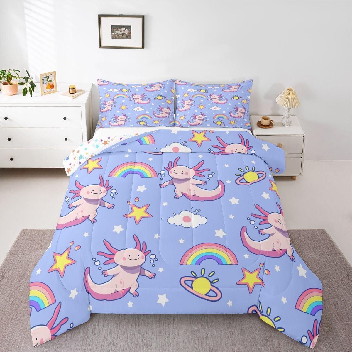 jejeloiu Cute Axolotl Comforter Set for Girls Boys Kids Full Size Rainbow Heart Print Comforter Room Decorations Cartoon Salamander Bedding Set Blue